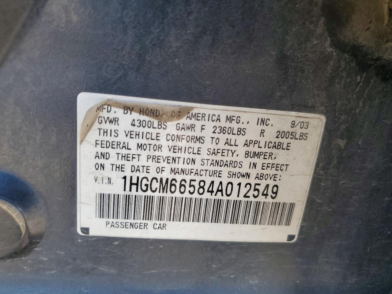 2004 Honda Accord Ex Charcoal vin: 1HGCM66584A012549