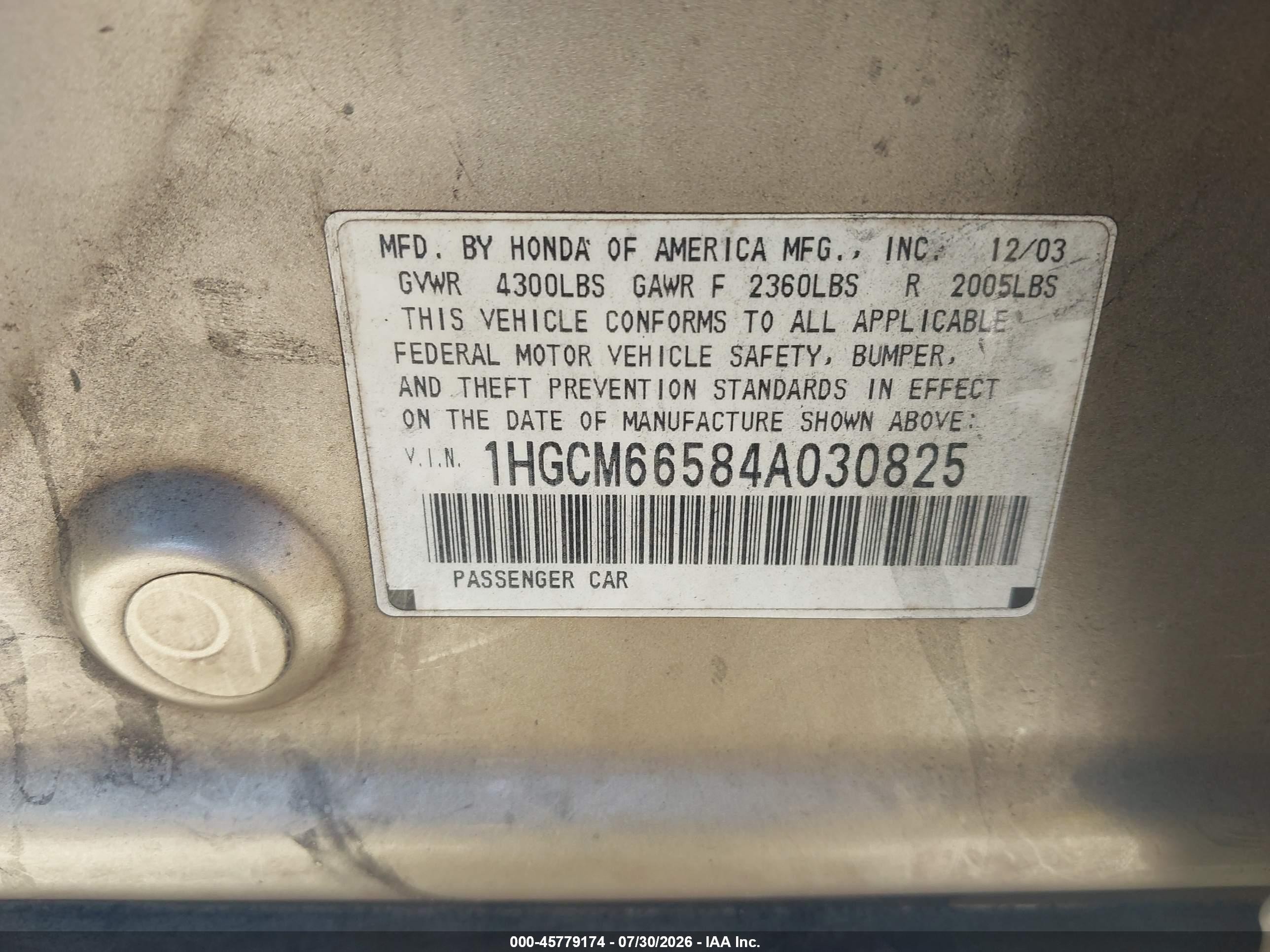 2004 Honda Accord 3.0 Ex Золотой vin: 1HGCM66584A030825