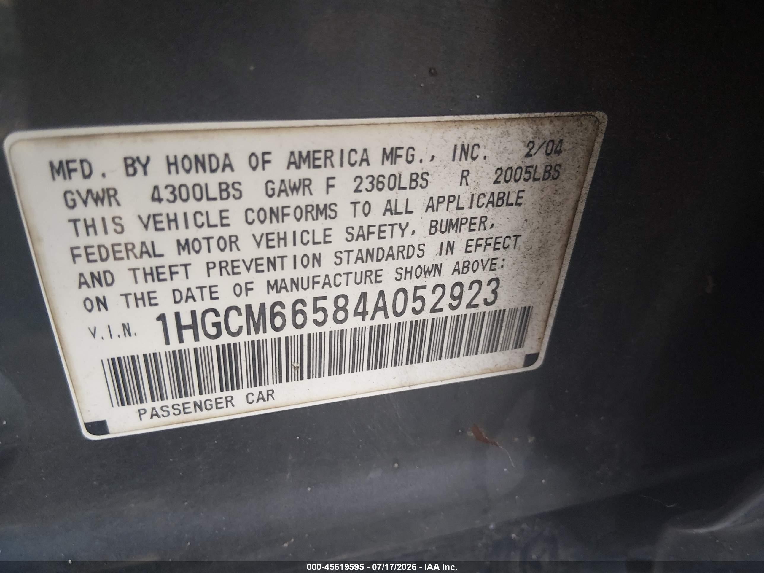 2004 Honda Accord 3.0 Ex Серый vin: 1HGCM66584A052923