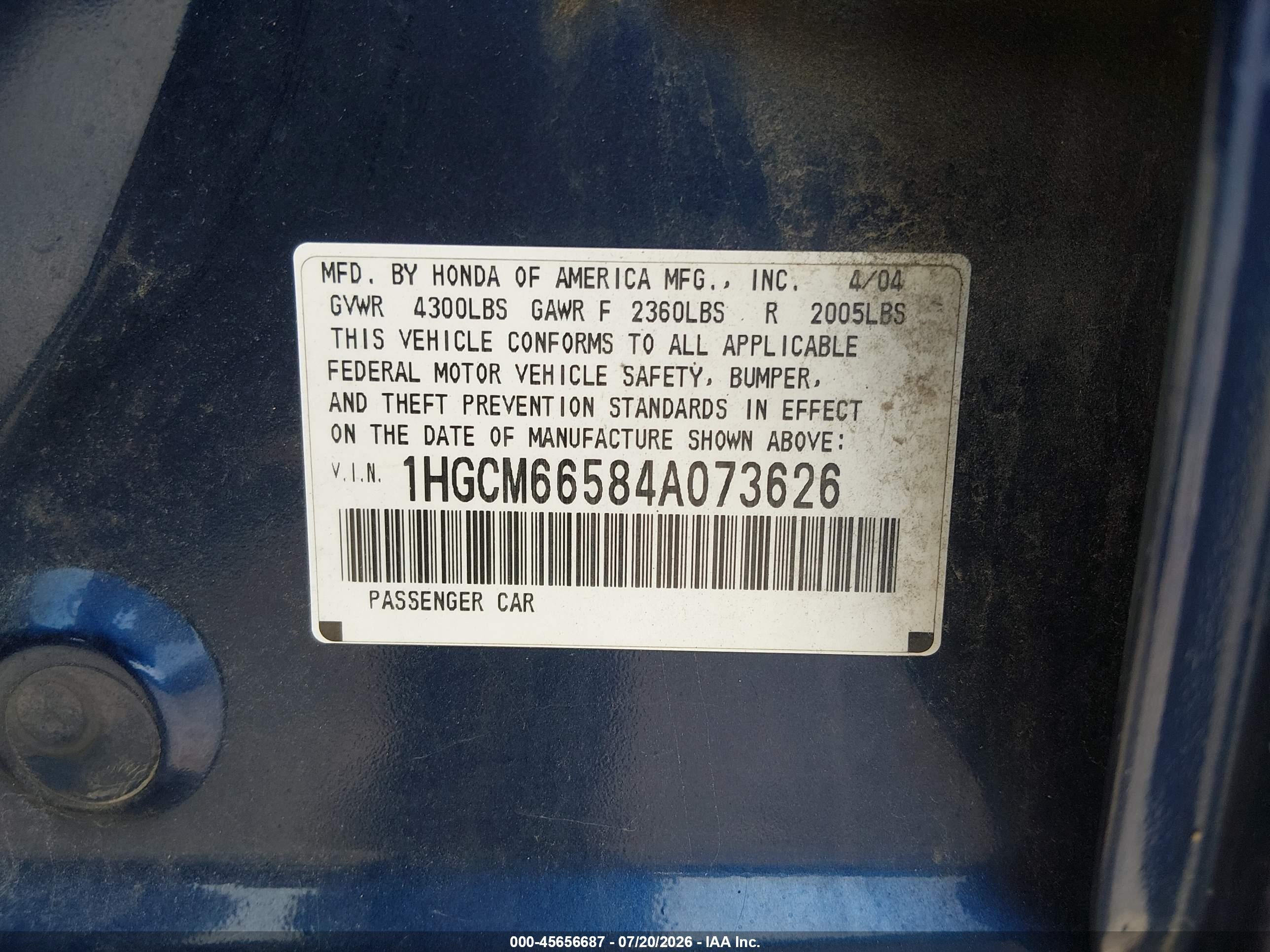 2004 Honda Accord 3.0 Ex Blue vin: 1HGCM66584A073626