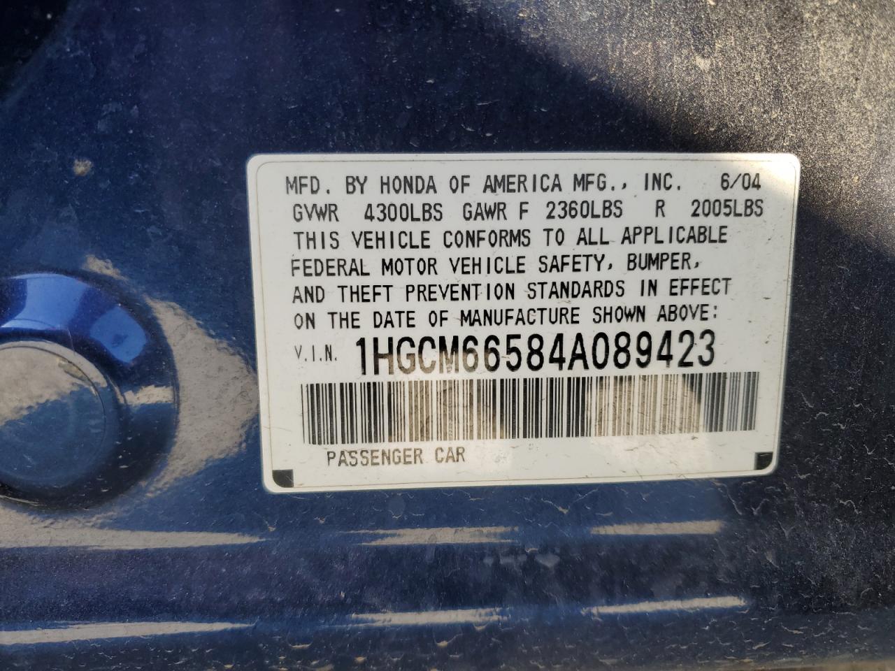 2004 Honda Accord Ex Blue vin: 1HGCM66584A089423