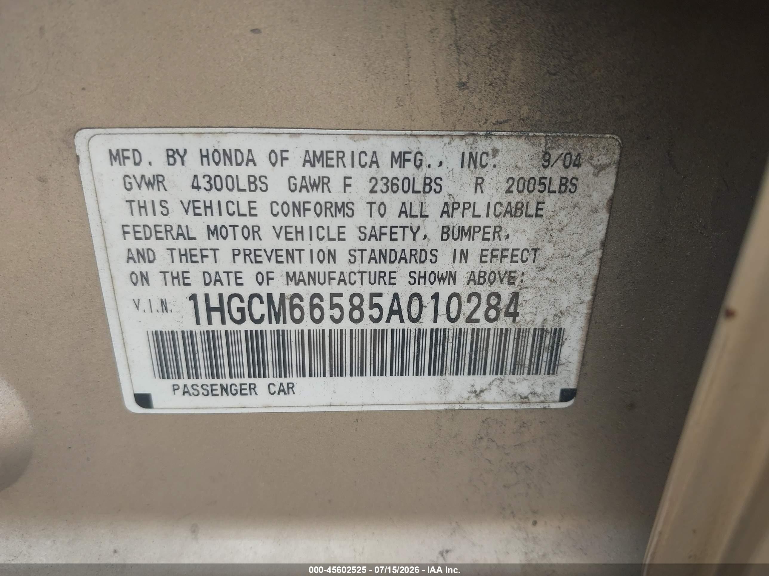 2005 Honda Accord 3.0 Ex Champagne vin: 1HGCM66585A010284