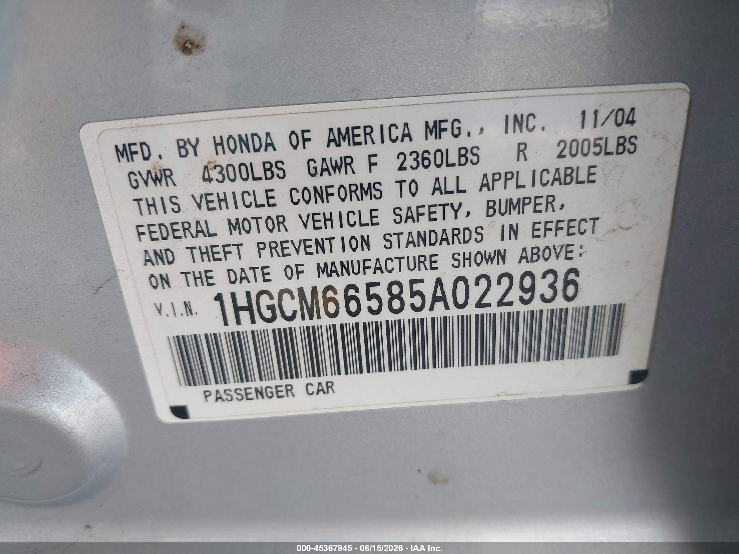 2005 Honda Accord 3.0 Ex Silver vin: 1HGCM66585A022936
