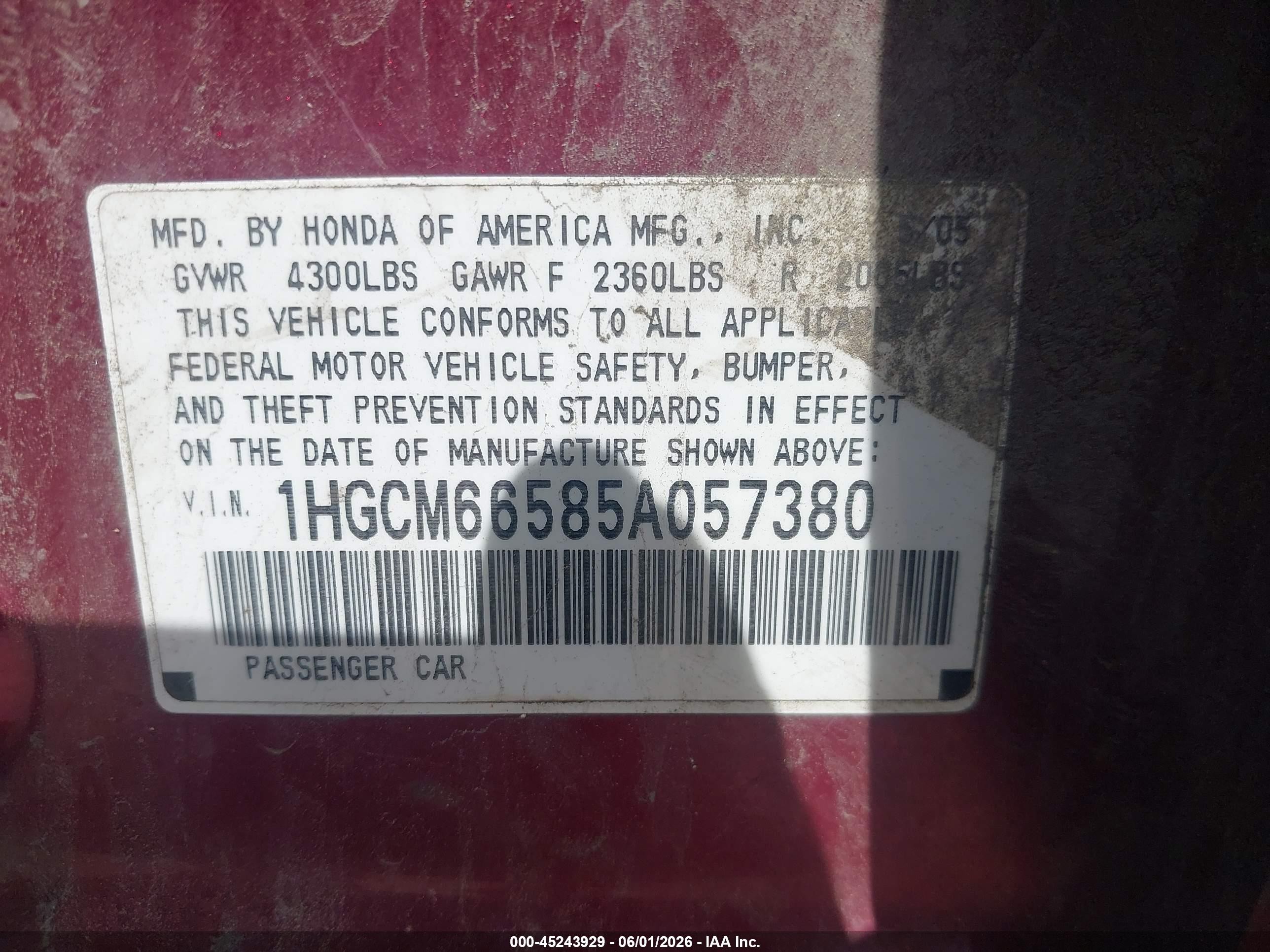 2005 Honda Accord 3.0 Ex Burgundy vin: 1HGCM66585A057380