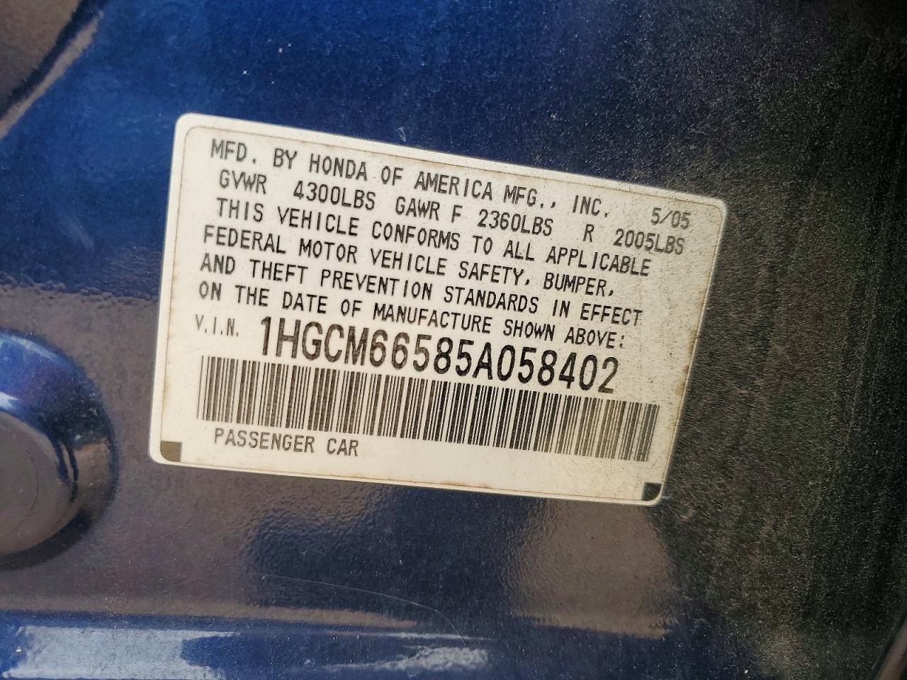 2005 Honda Accord Ex Blue vin: 1HGCM66585A058402
