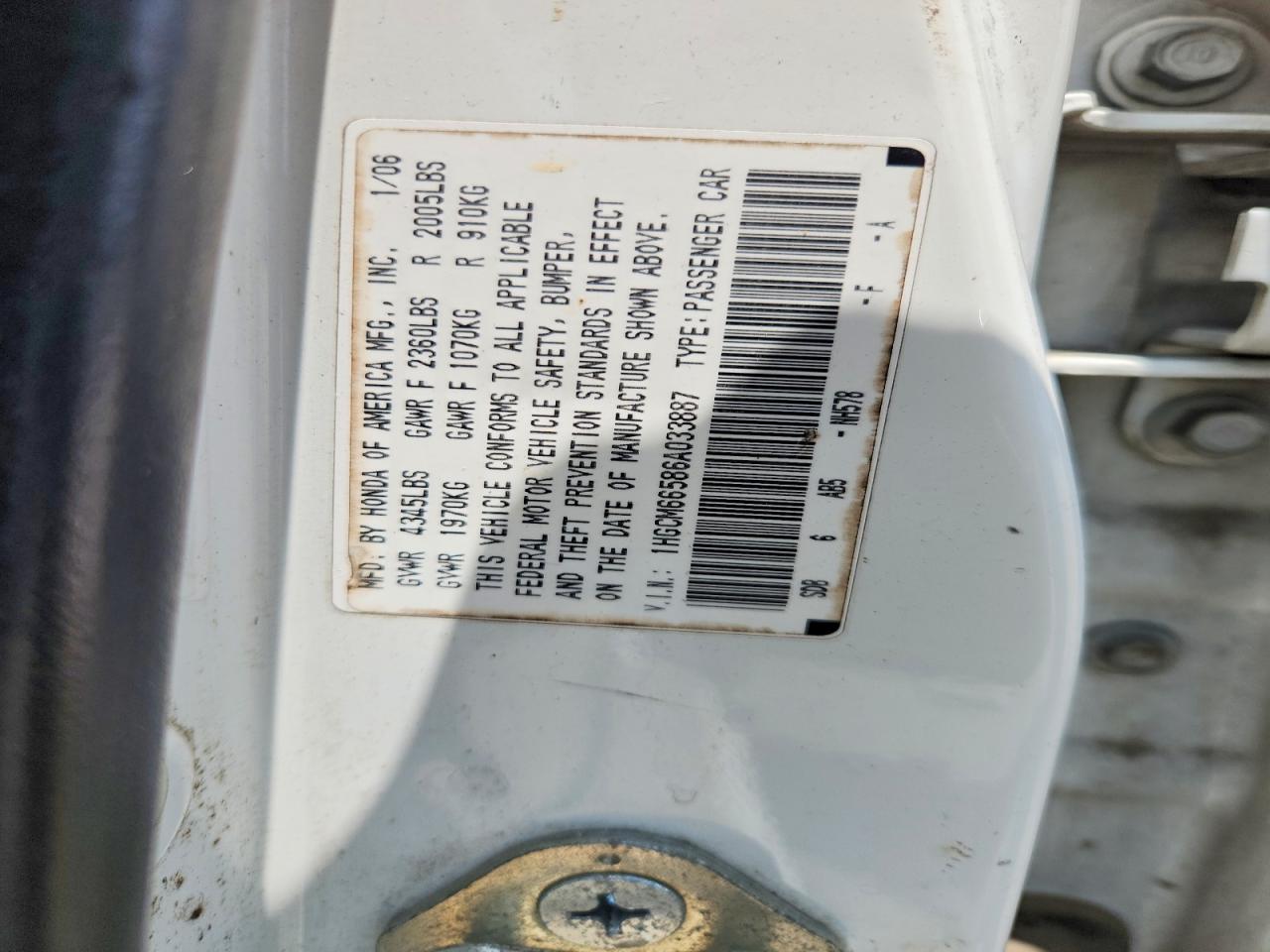 2006 Honda Accord Ex White vin: 1HGCM66586A033887