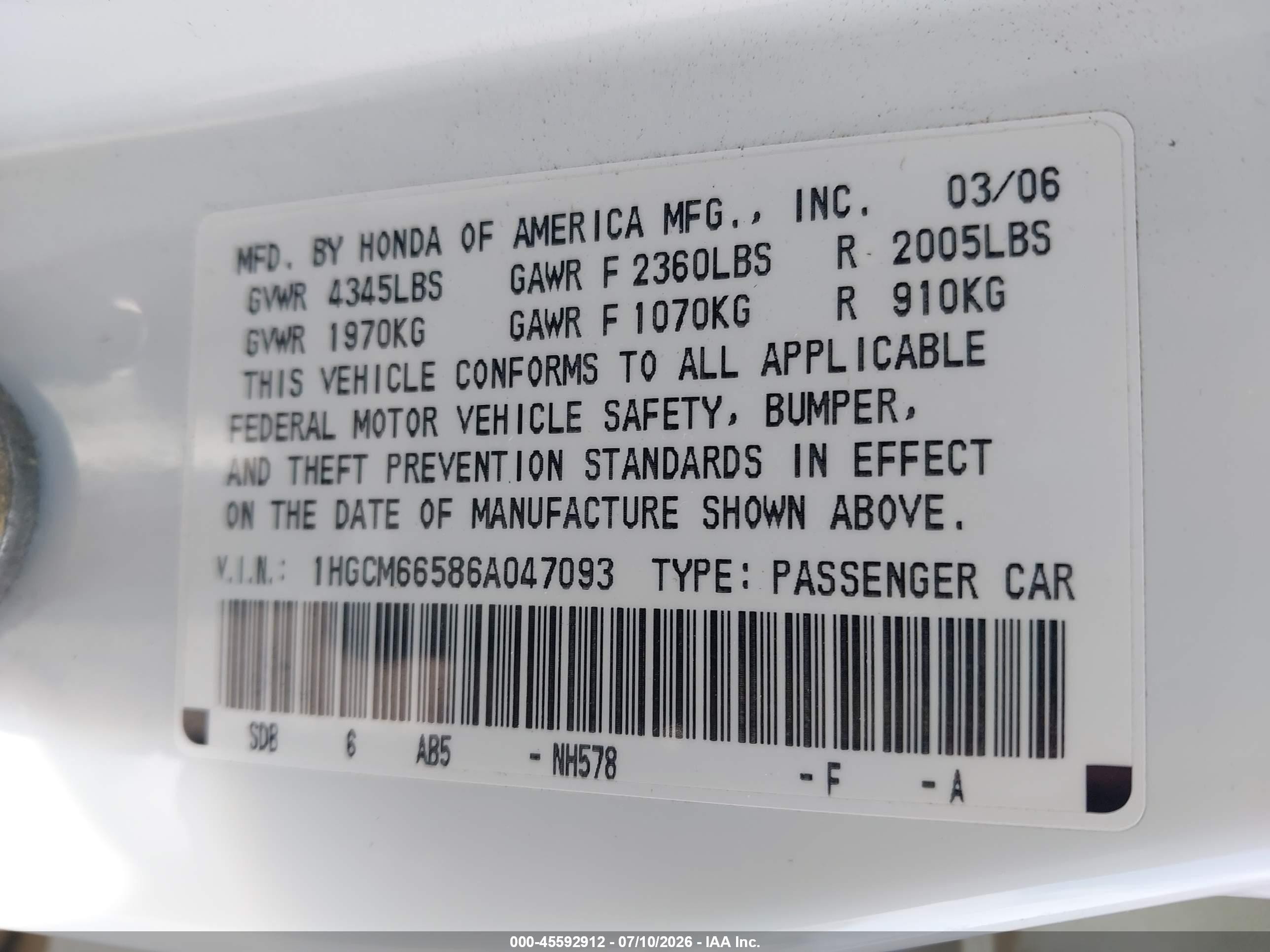 2006 Honda Accord 3.0 Ex White vin: 1HGCM66586A047093