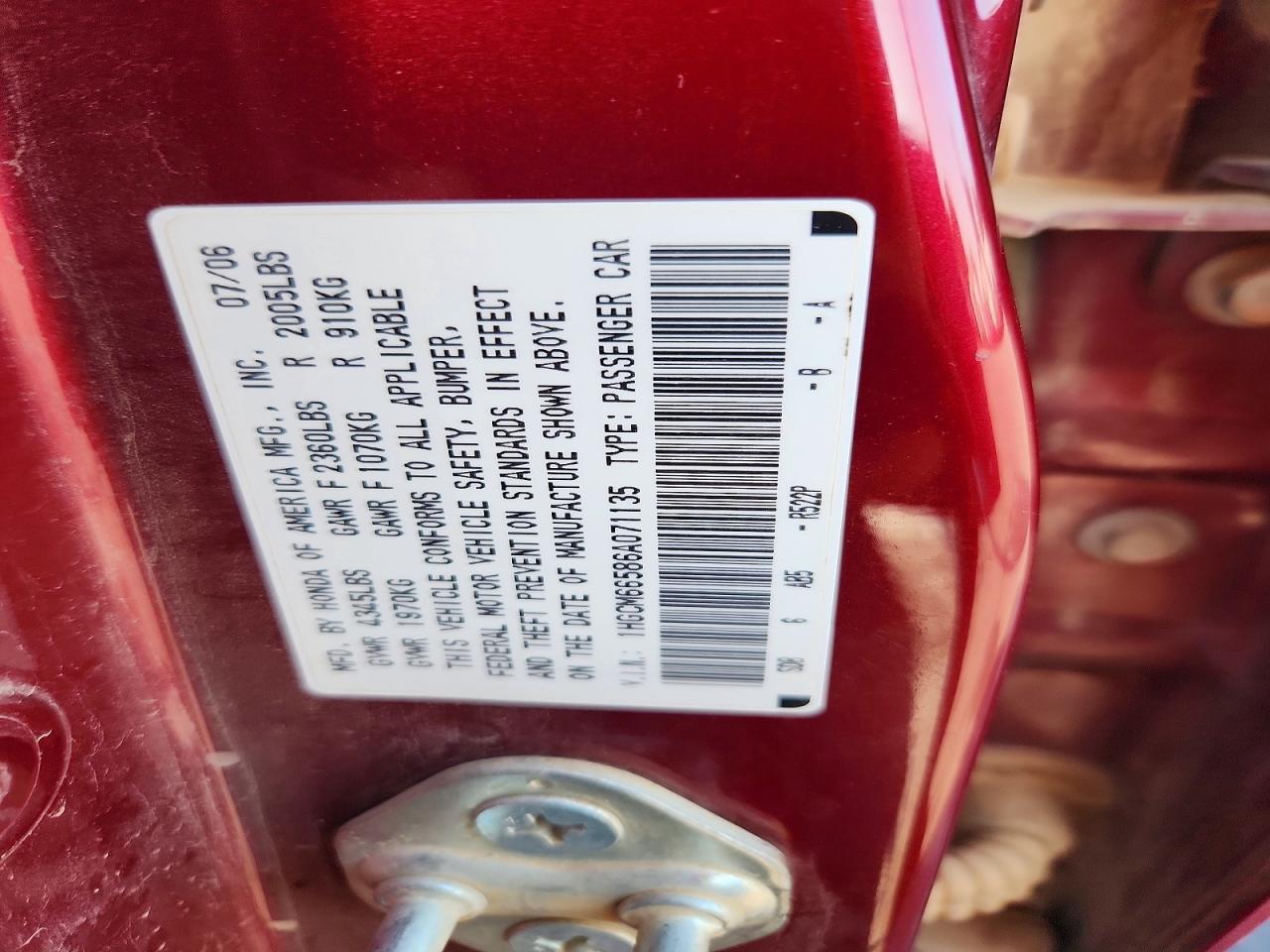 2006 Honda Accord Ex Red vin: 1HGCM66586A071135