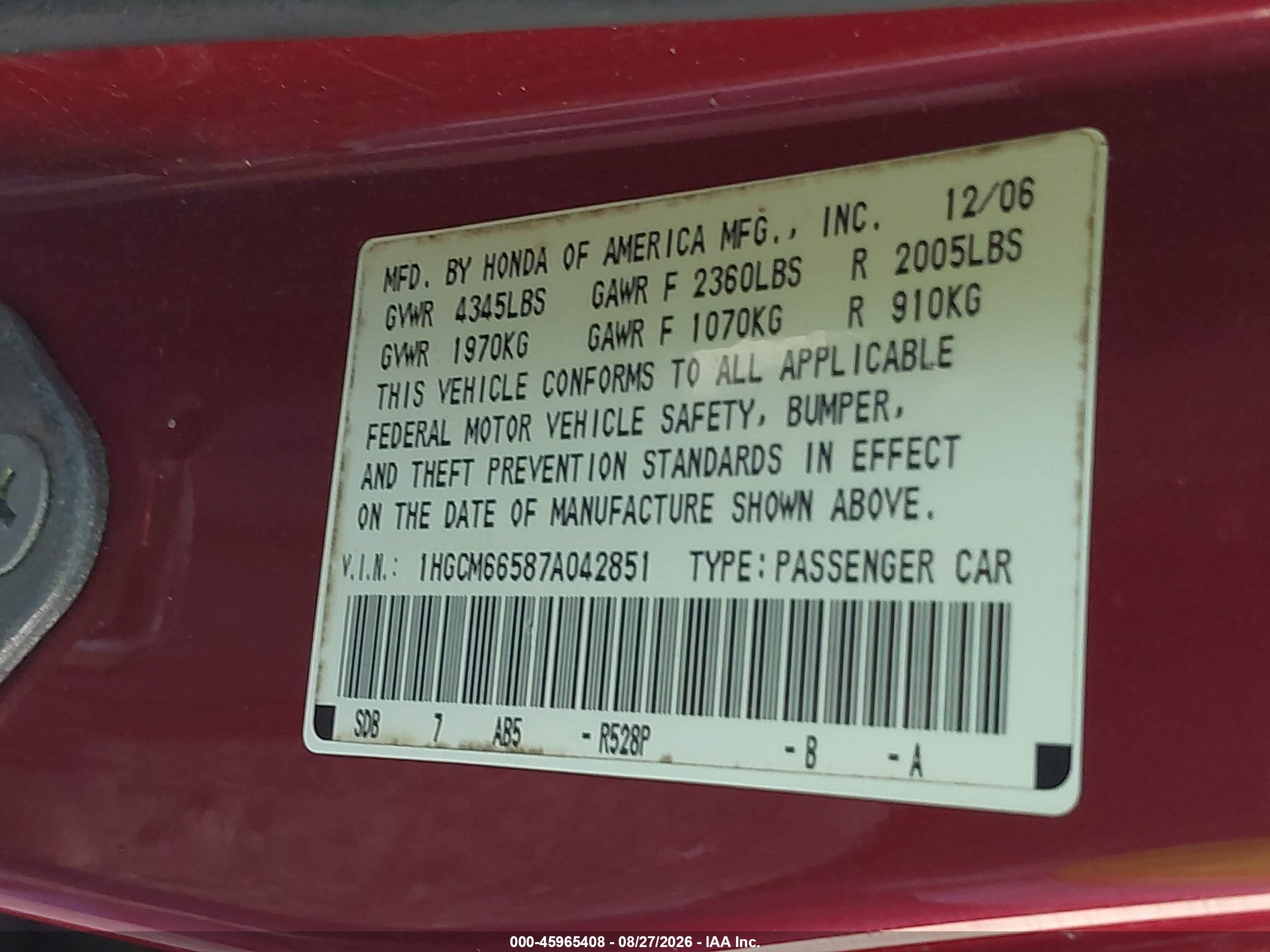 2007 Honda Accord 3.0 Ex Red vin: 1HGCM66587A042851