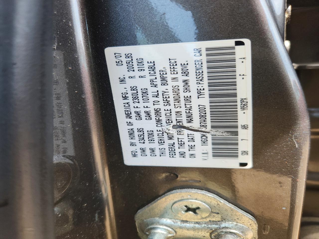 2007 Honda Accord Ex Gray vin: 1HGCM66587A082007