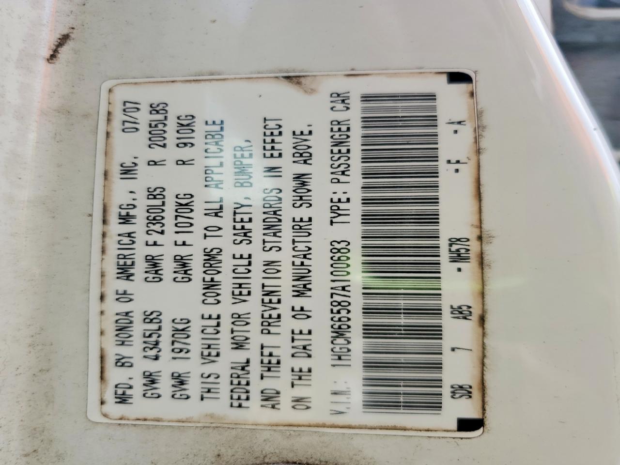 2007 Honda Accord Sedan White vin: 1HGCM66587A100683
