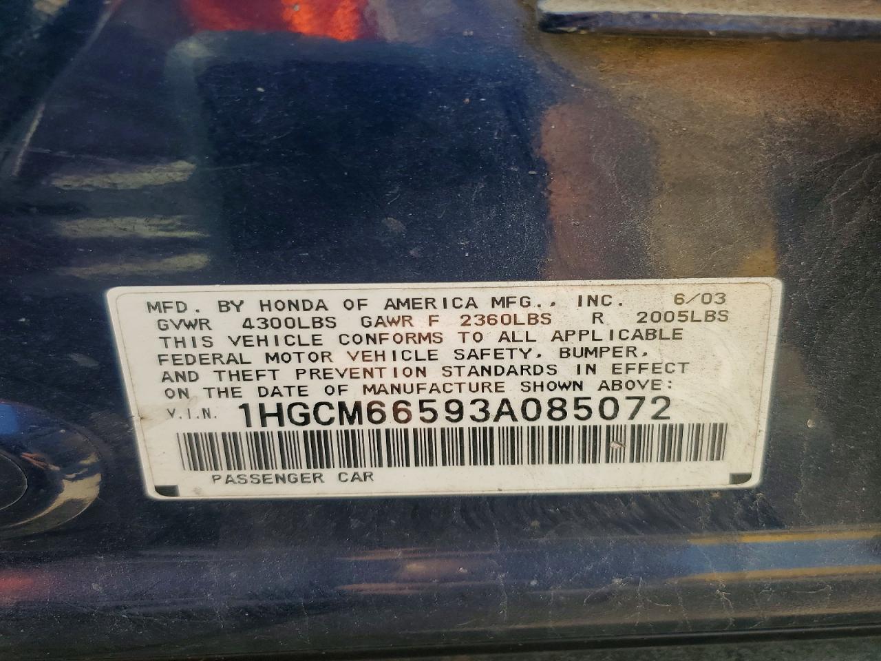 2003 Honda Accord Dx Синий vin: 1HGCM66593A085072