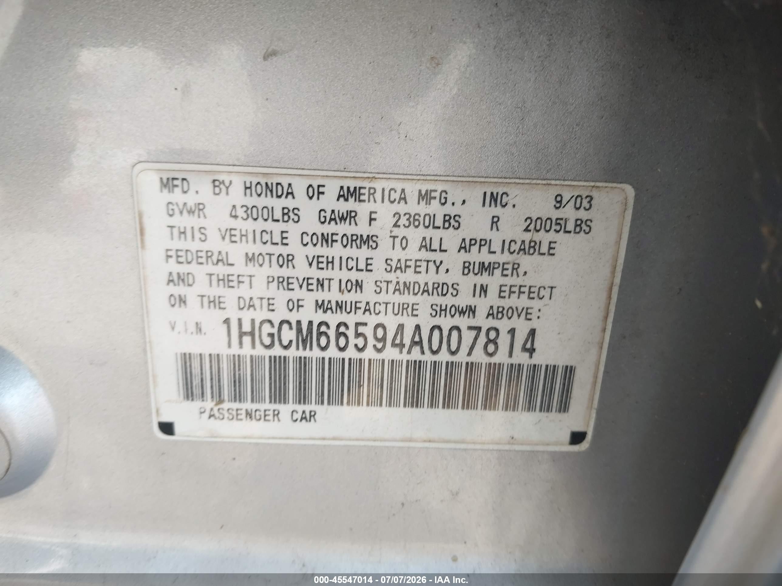 2004 Honda Accord 3.0 Ex Silver vin: 1HGCM66594A007814