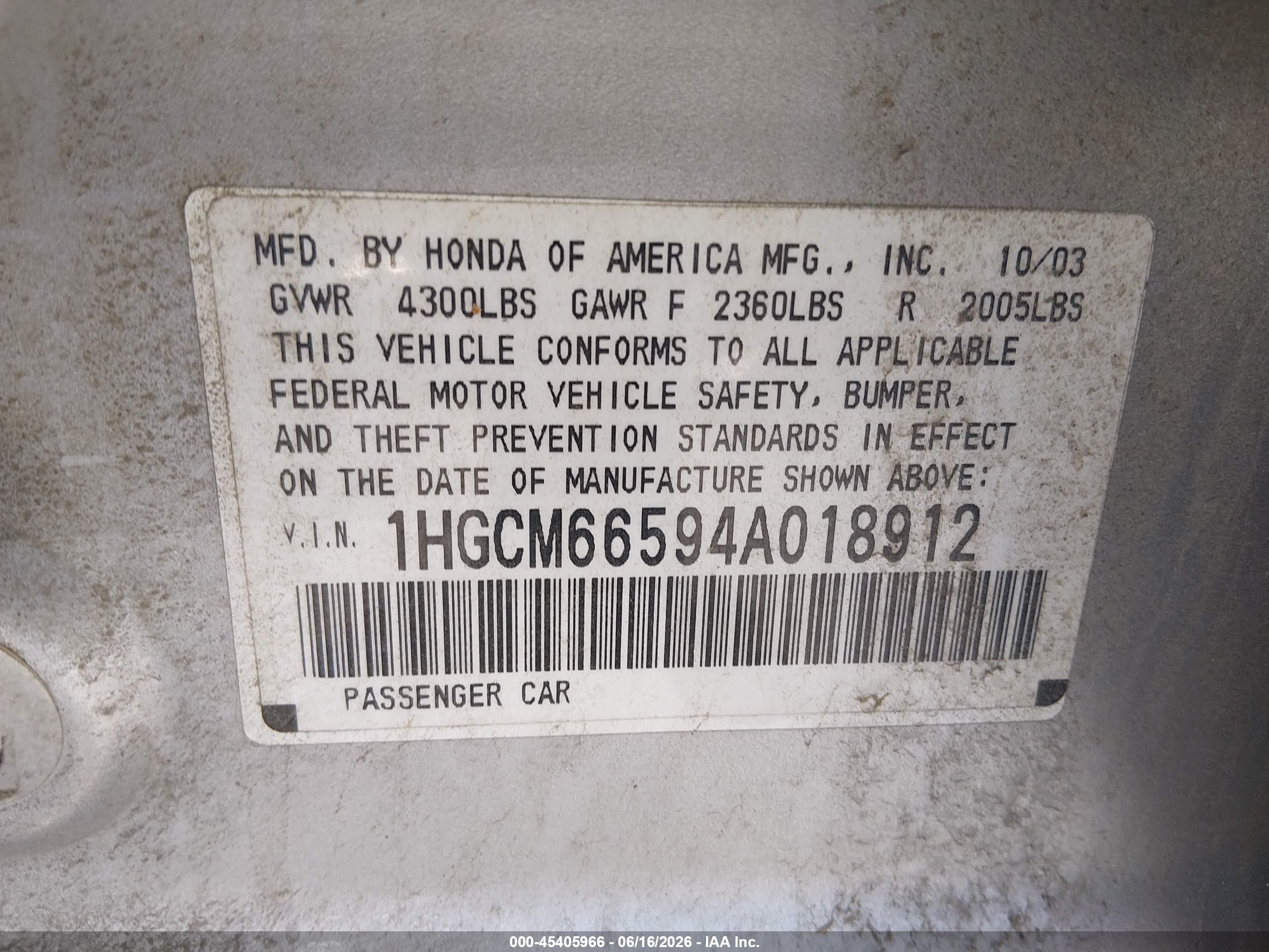 2004 Honda Accord 3.0 Ex Серебряный vin: 1HGCM66594A018912