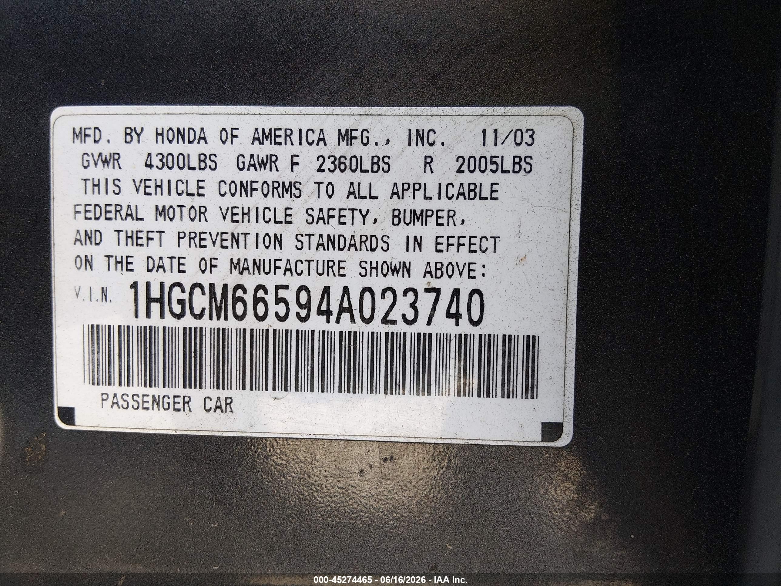 2004 Honda Accord 3.0 Ex Gray vin: 1HGCM66594A023740