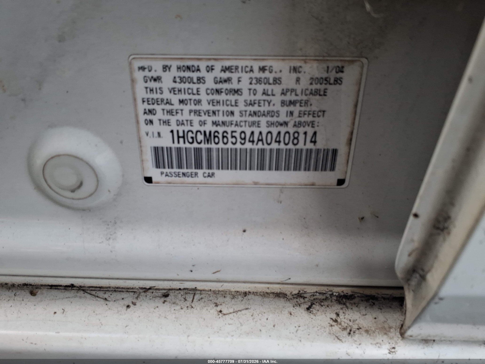 2004 Honda Accord 3.0 Ex Белый vin: 1HGCM66594A040814