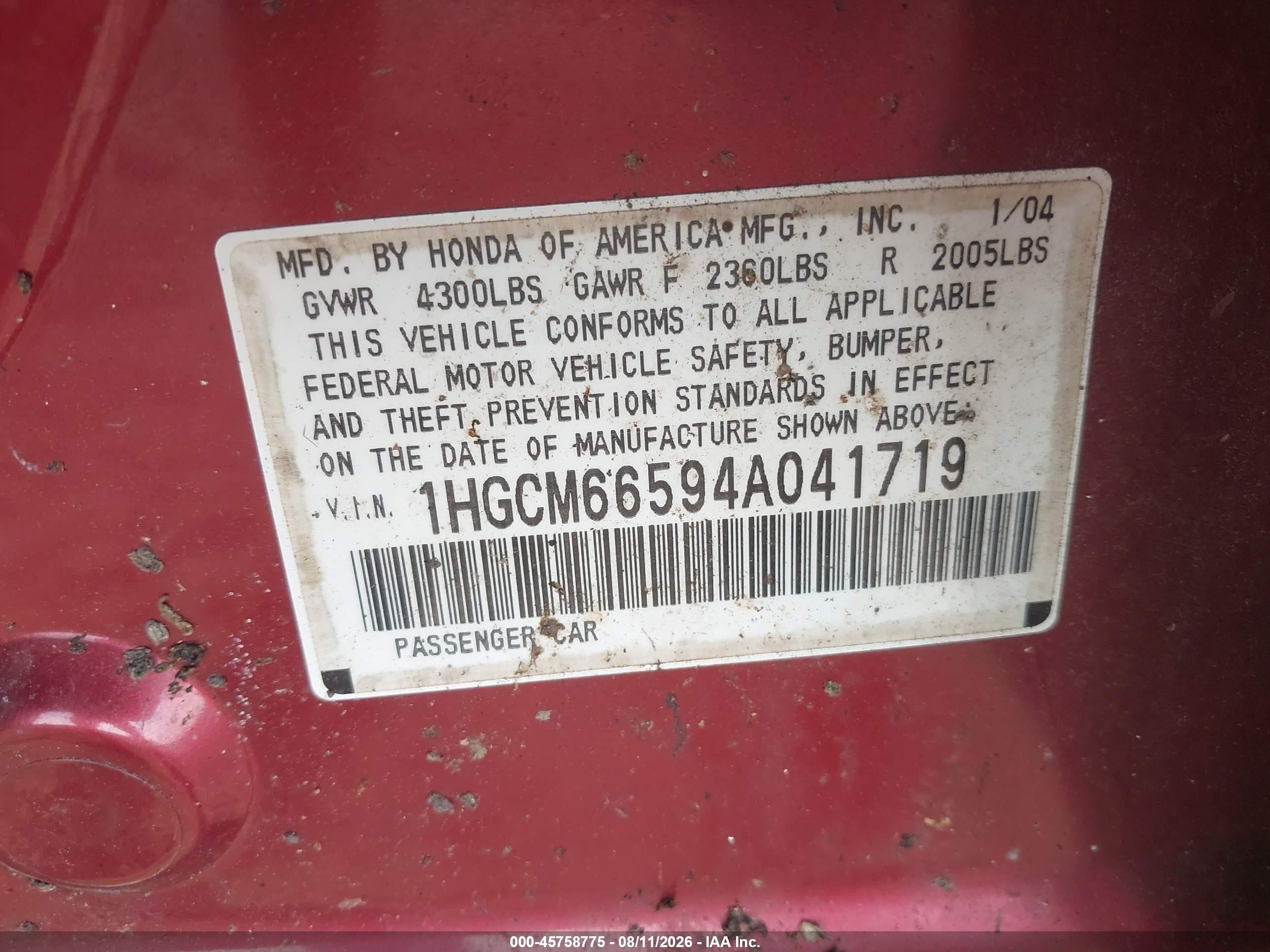 2004 Honda Accord 3.0 Ex Red vin: 1HGCM66594A041719