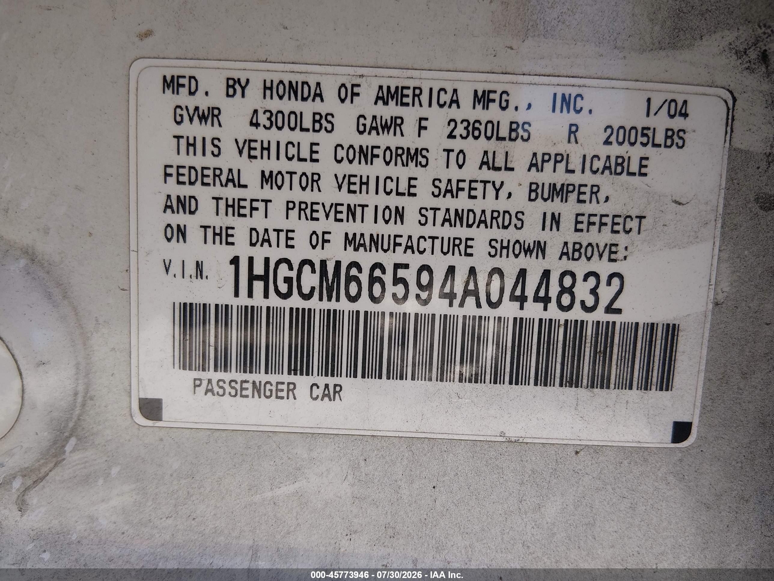 2004 Honda Accord 3.0 Ex White vin: 1HGCM66594A044832