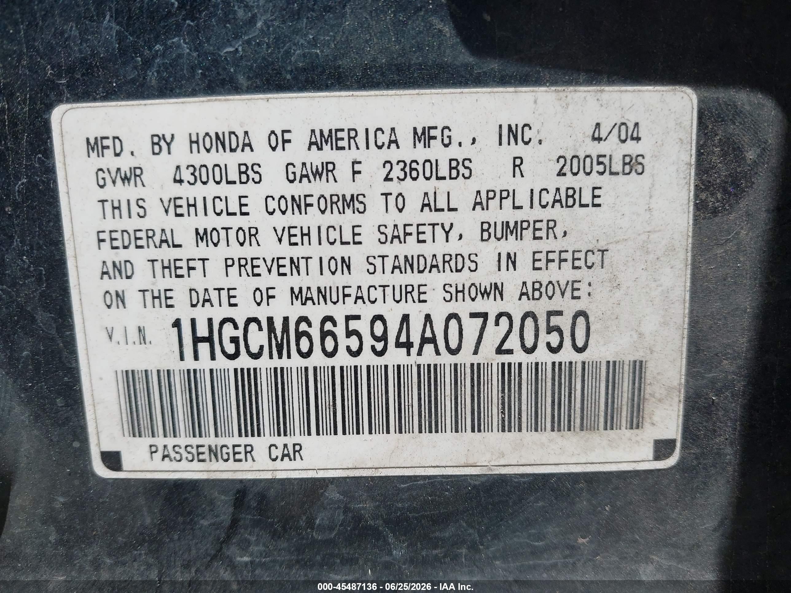2004 Honda Accord 3.0 Ex Green vin: 1HGCM66594A072050