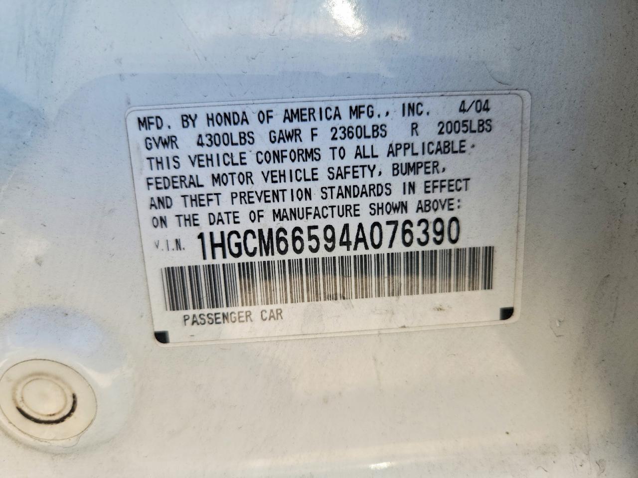 2004 Honda Accord Ex White vin: 1HGCM66594A076390