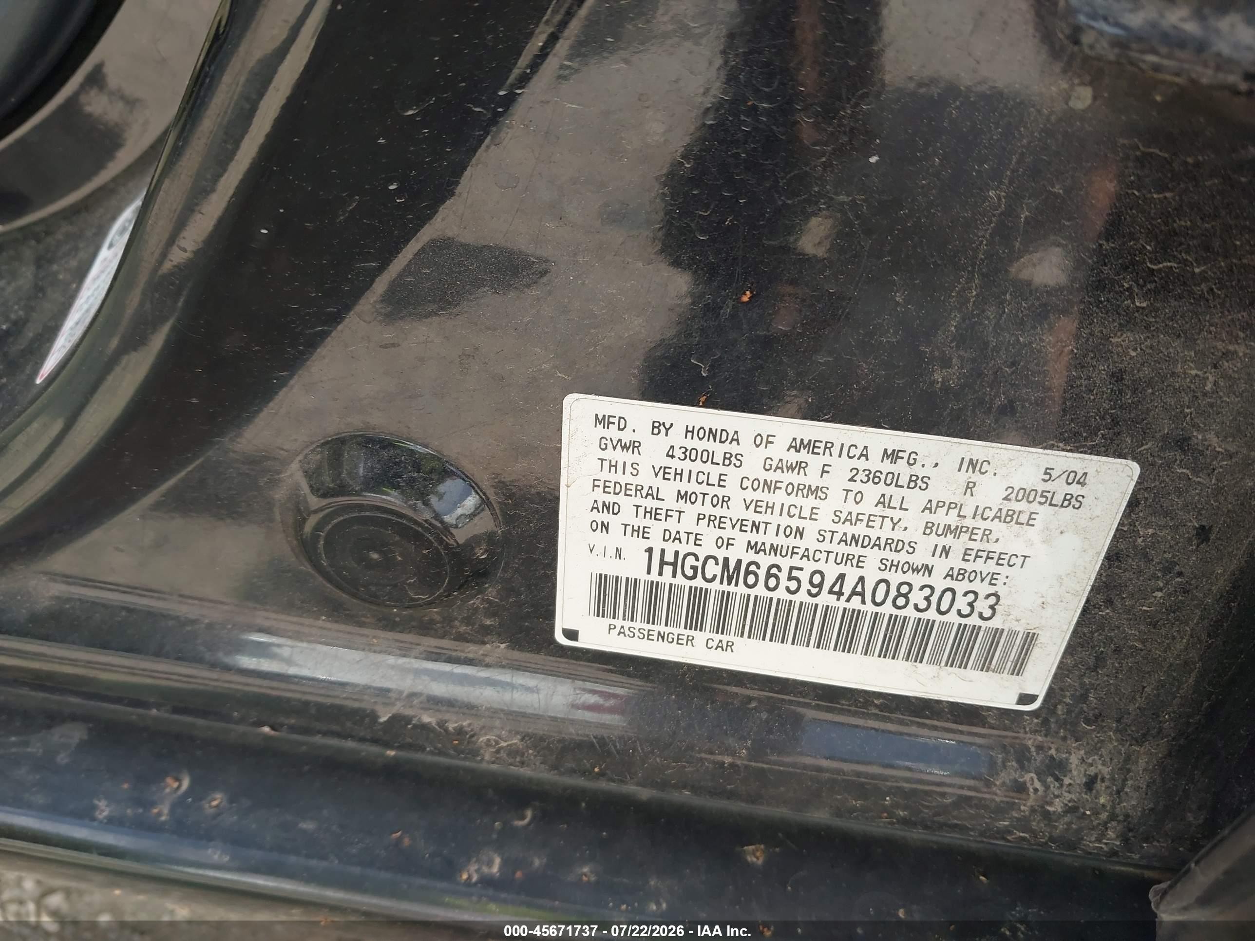2004 Honda Accord 3.0 Ex Blue vin: 1HGCM66594A083033