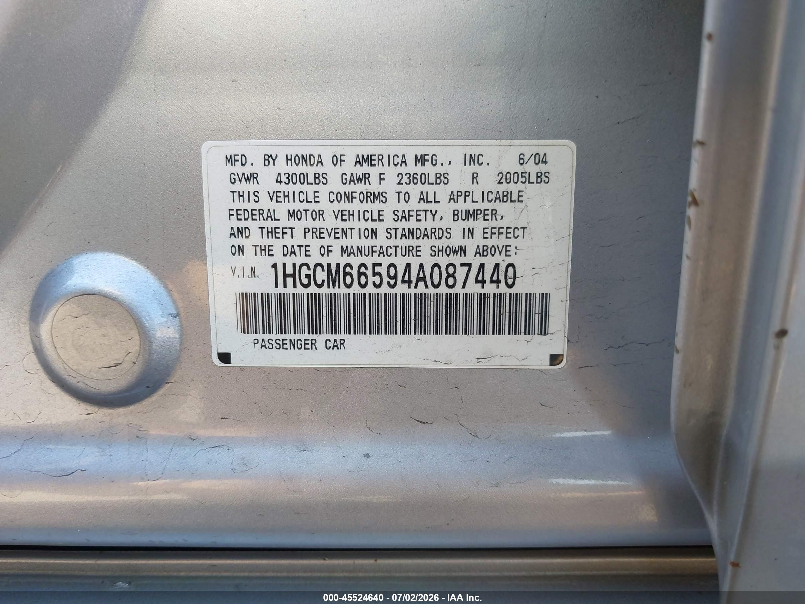 2004 Honda Accord 3.0 Ex Silver vin: 1HGCM66594A087440
