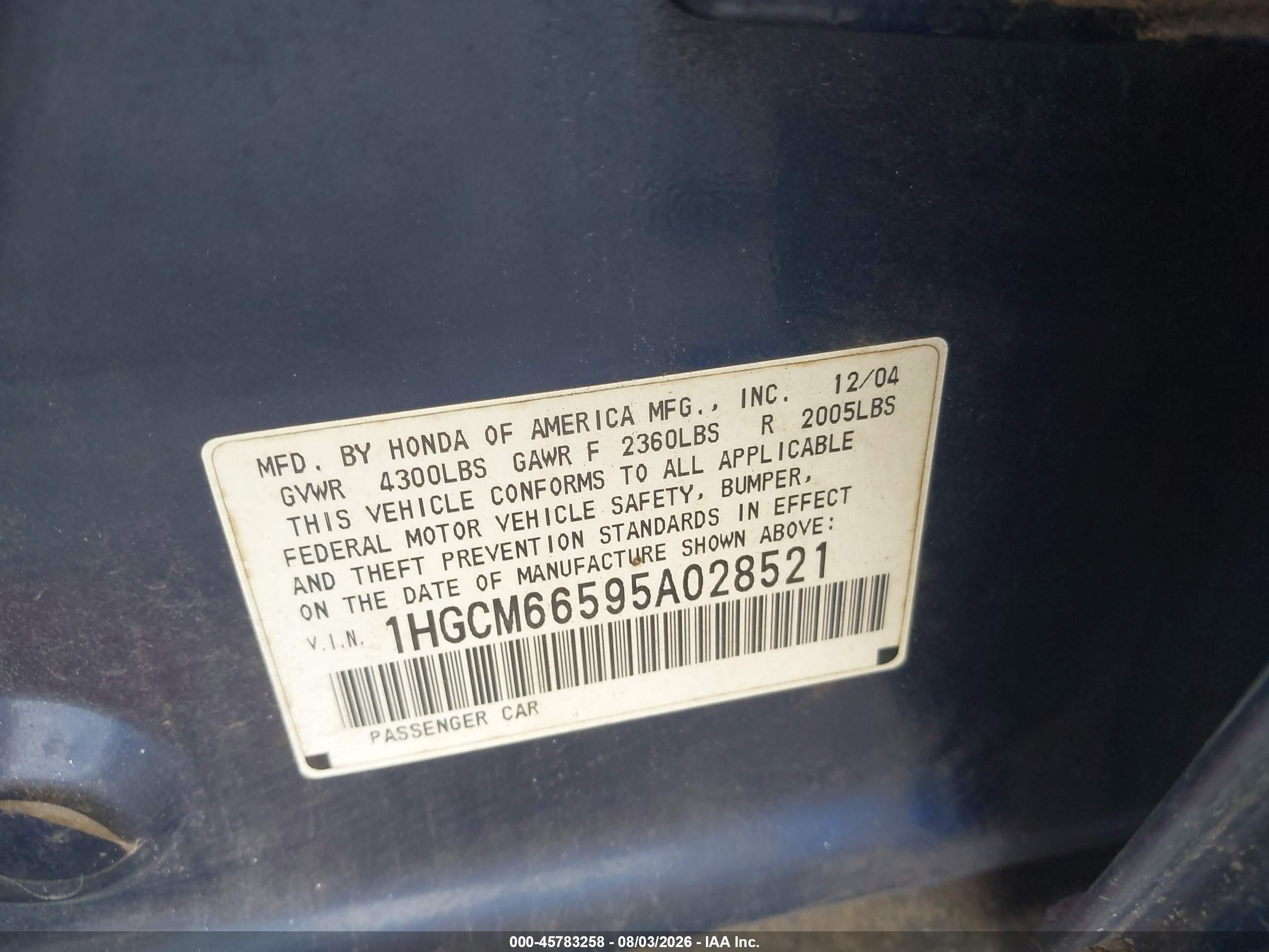 2005 Honda Accord 3.0 Ex Dark Blue vin: 1HGCM66595A028521