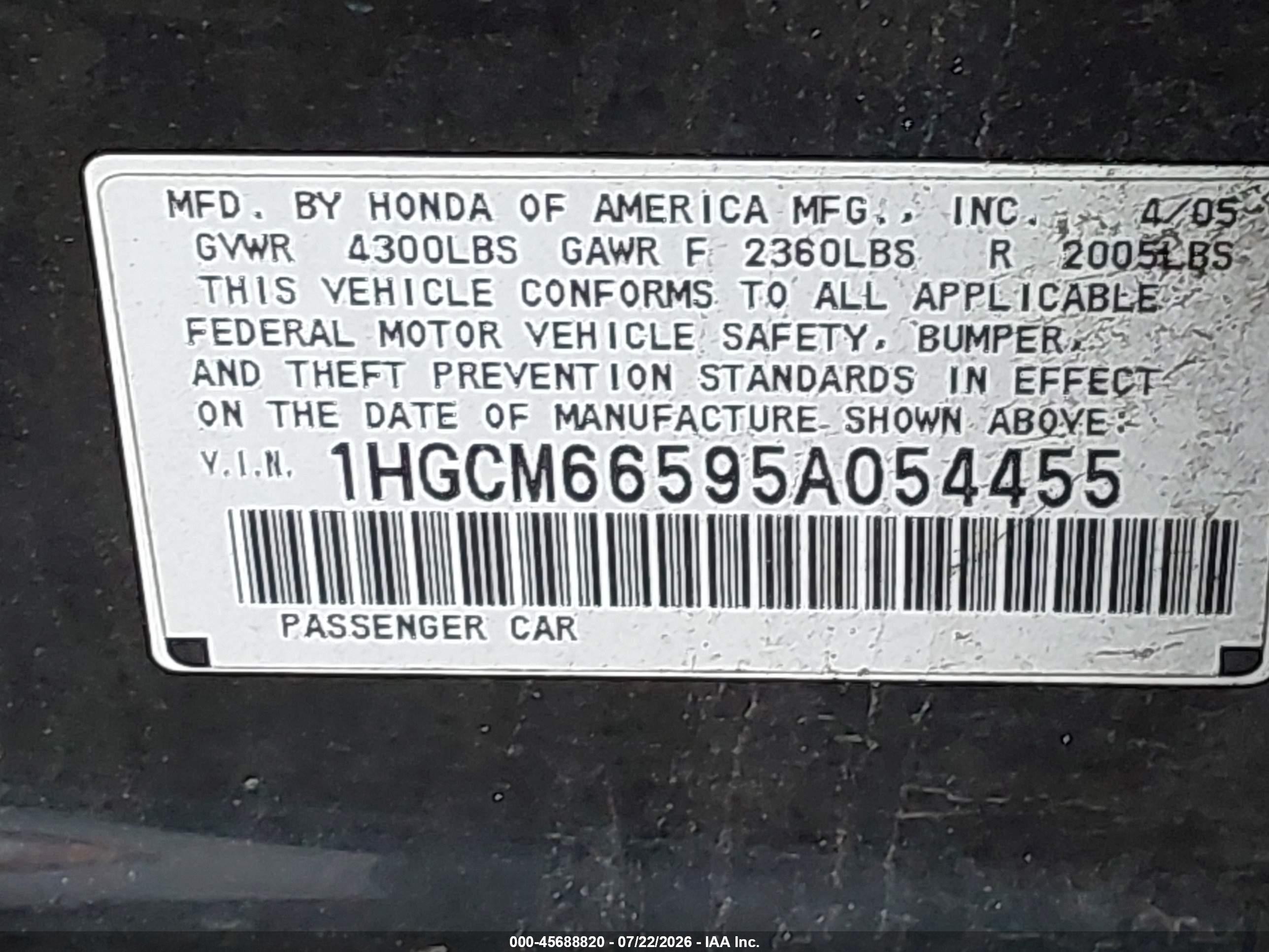2005 Honda Accord 3.0 Ex Черный vin: 1HGCM66595A054455