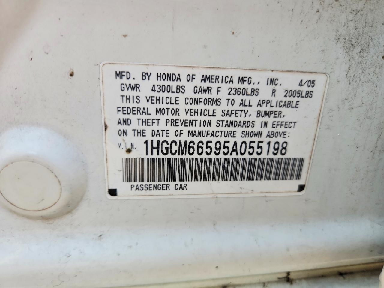 2005 Honda Accord Ex White vin: 1HGCM66595A055198