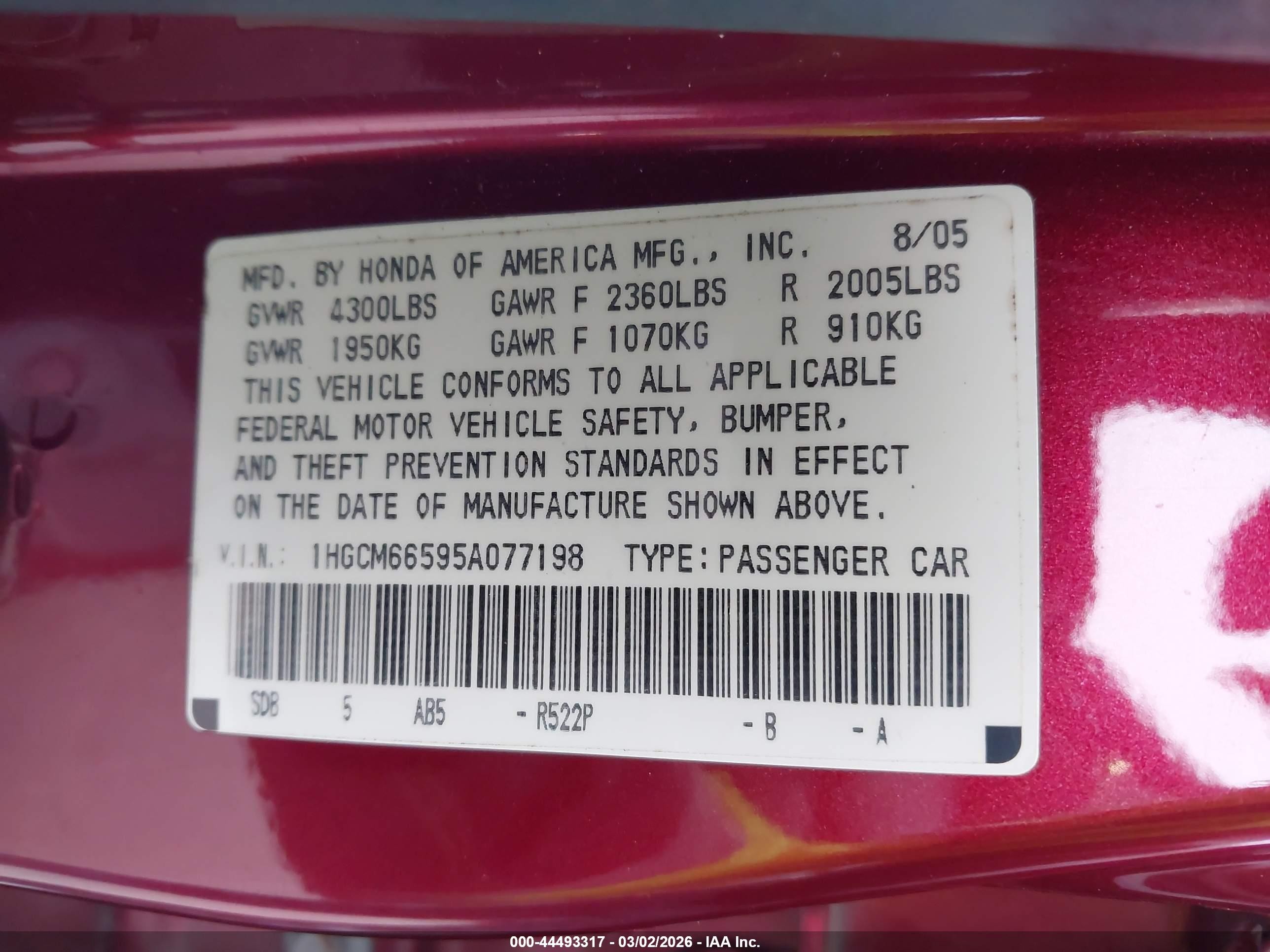 2005 Honda Accord 3.0 Ex Burgundy vin: 1HGCM66595A077198