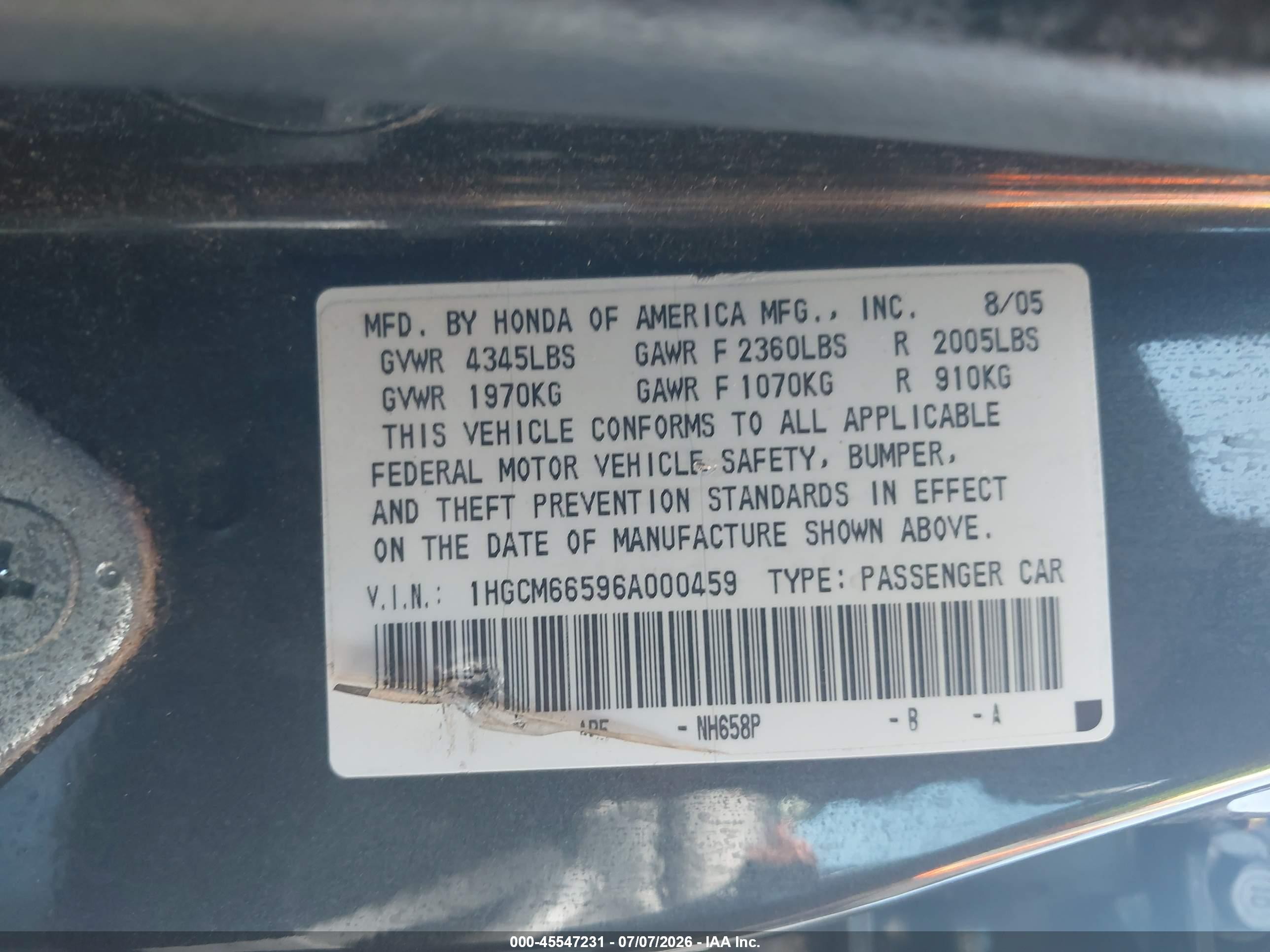 2006 Honda Accord 3.0 Ex Серый vin: 1HGCM66596A000459