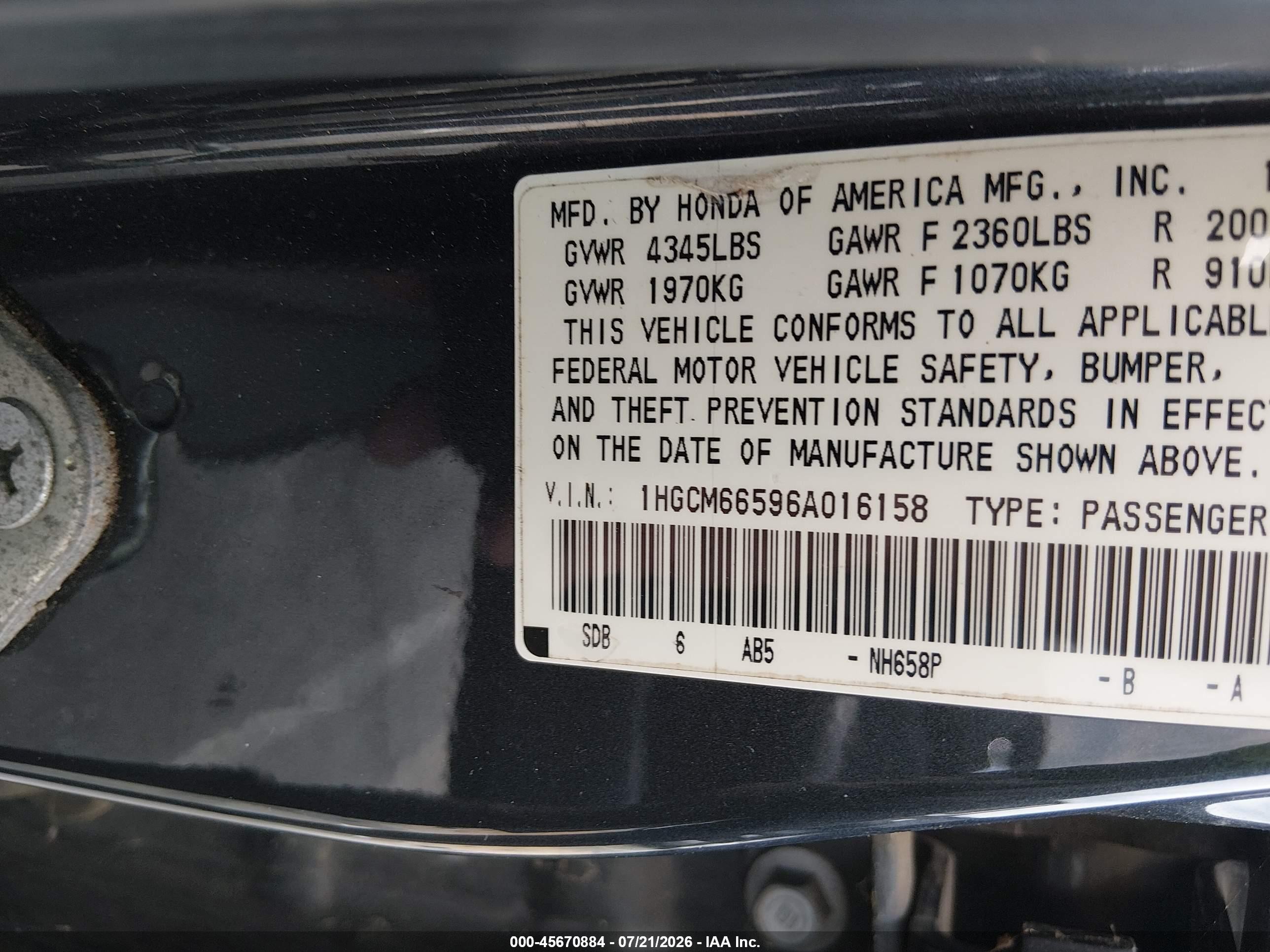 2006 Honda Accord 3.0 Ex Gray vin: 1HGCM66596A016158