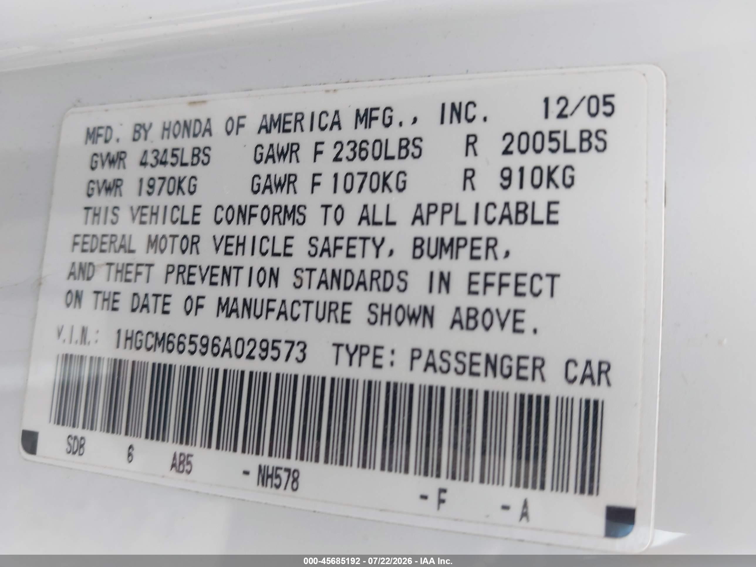 2006 Honda Accord 3.0 Ex White vin: 1HGCM66596A029573