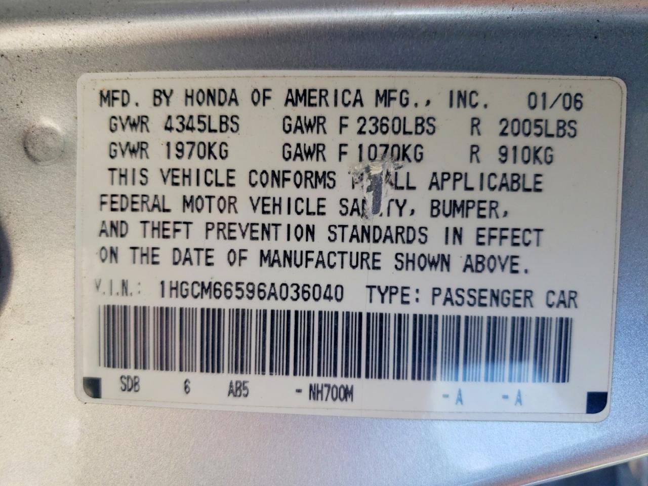 2006 Honda Accord Ex Silver vin: 1HGCM66596A036040