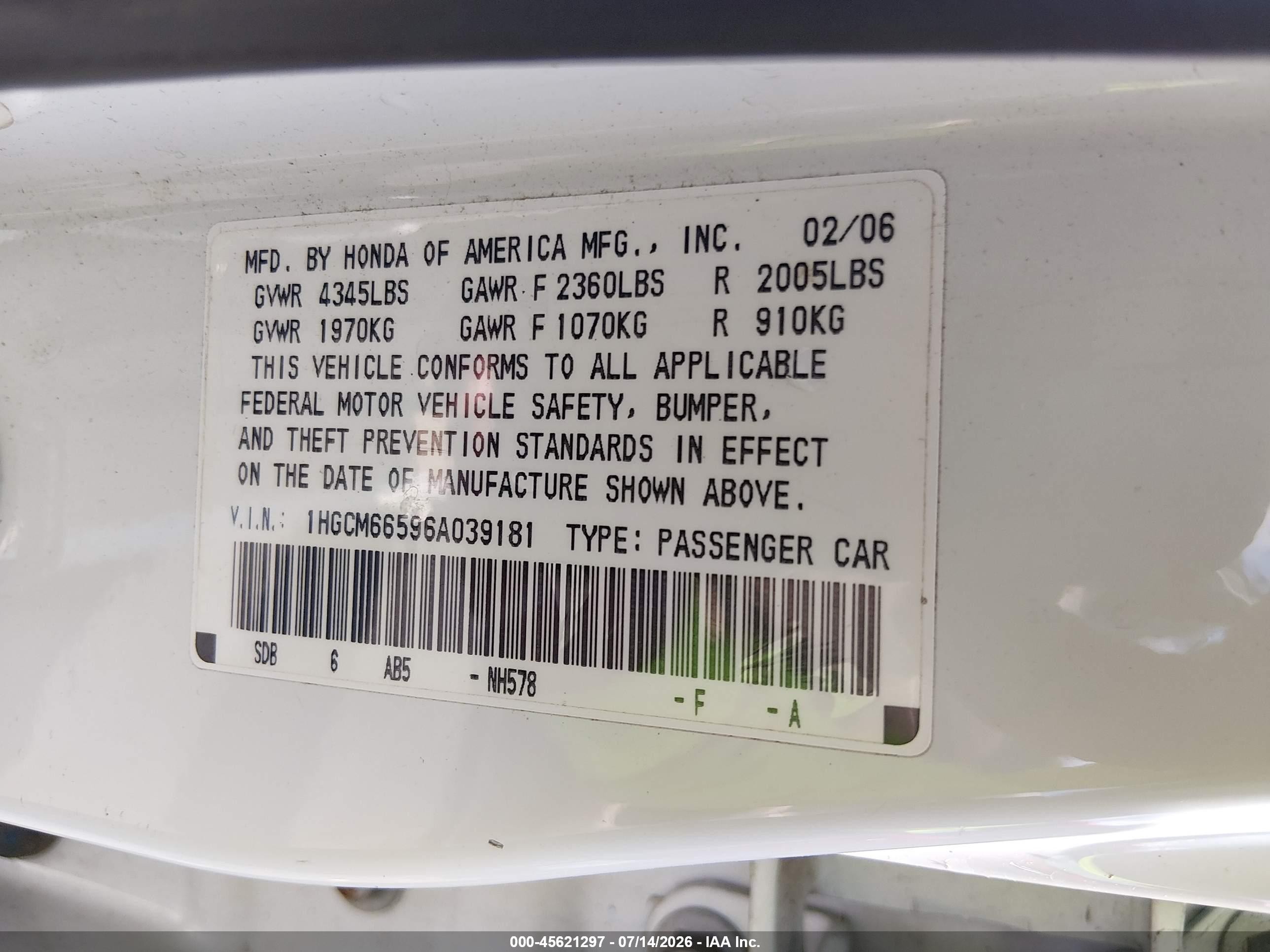 2006 Honda Accord 3.0 Ex White vin: 1HGCM66596A039181