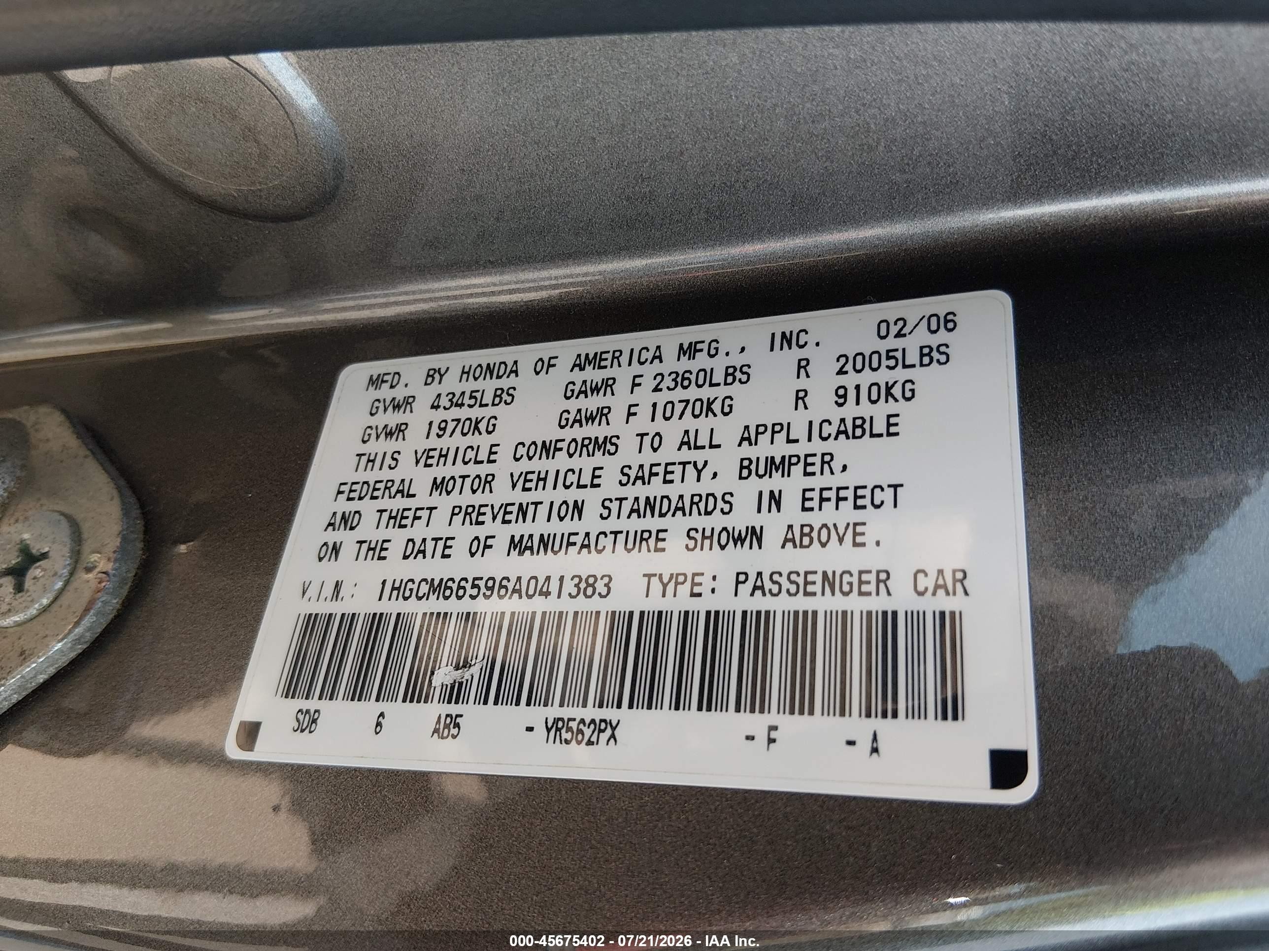 2006 Honda Accord 3.0 Ex Beige vin: 1HGCM66596A041383