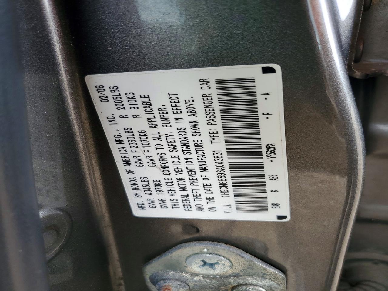 2006 Honda Accord Ex Gray vin: 1HGCM66596A043831
