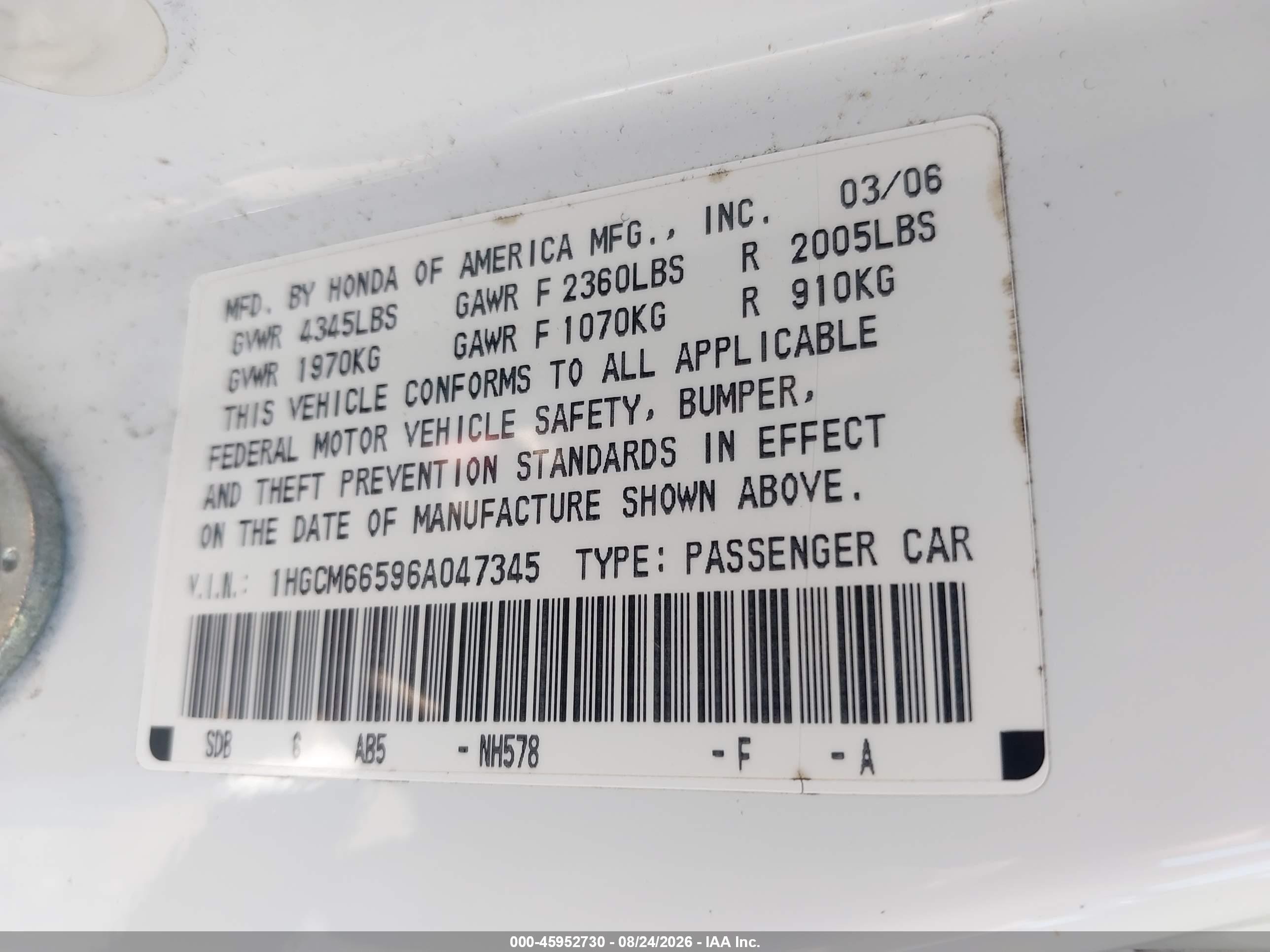 2006 Honda Accord 3.0 Ex White vin: 1HGCM66596A047345