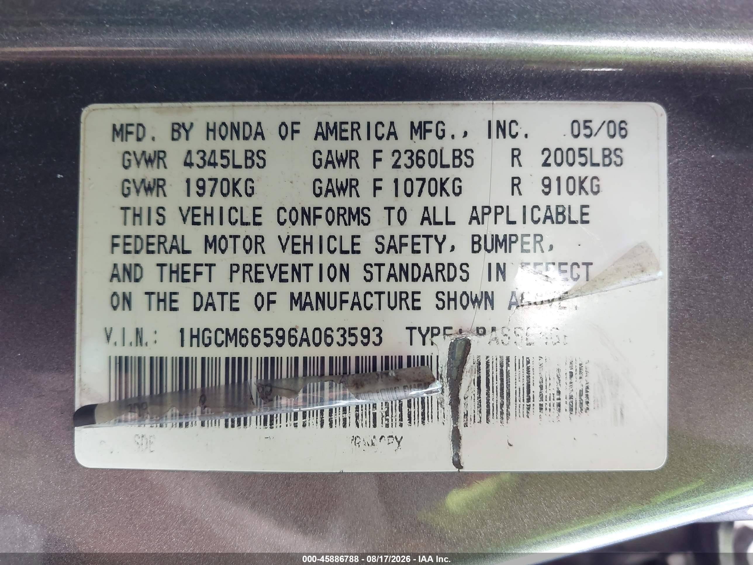 2006 Honda Accord 3.0 Ex Gray vin: 1HGCM66596A063593