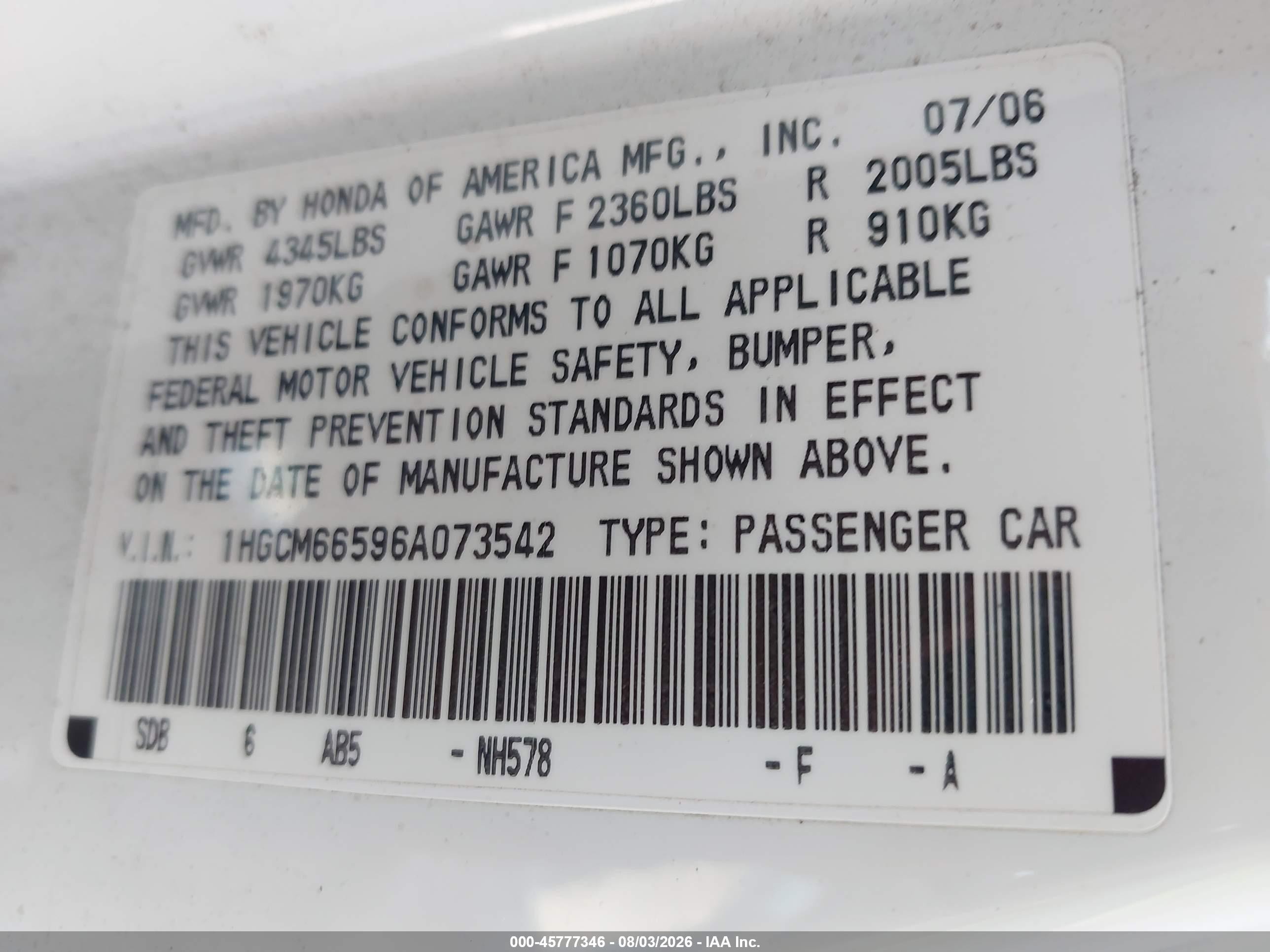 2006 Honda Accord 3.0 Ex White vin: 1HGCM66596A073542