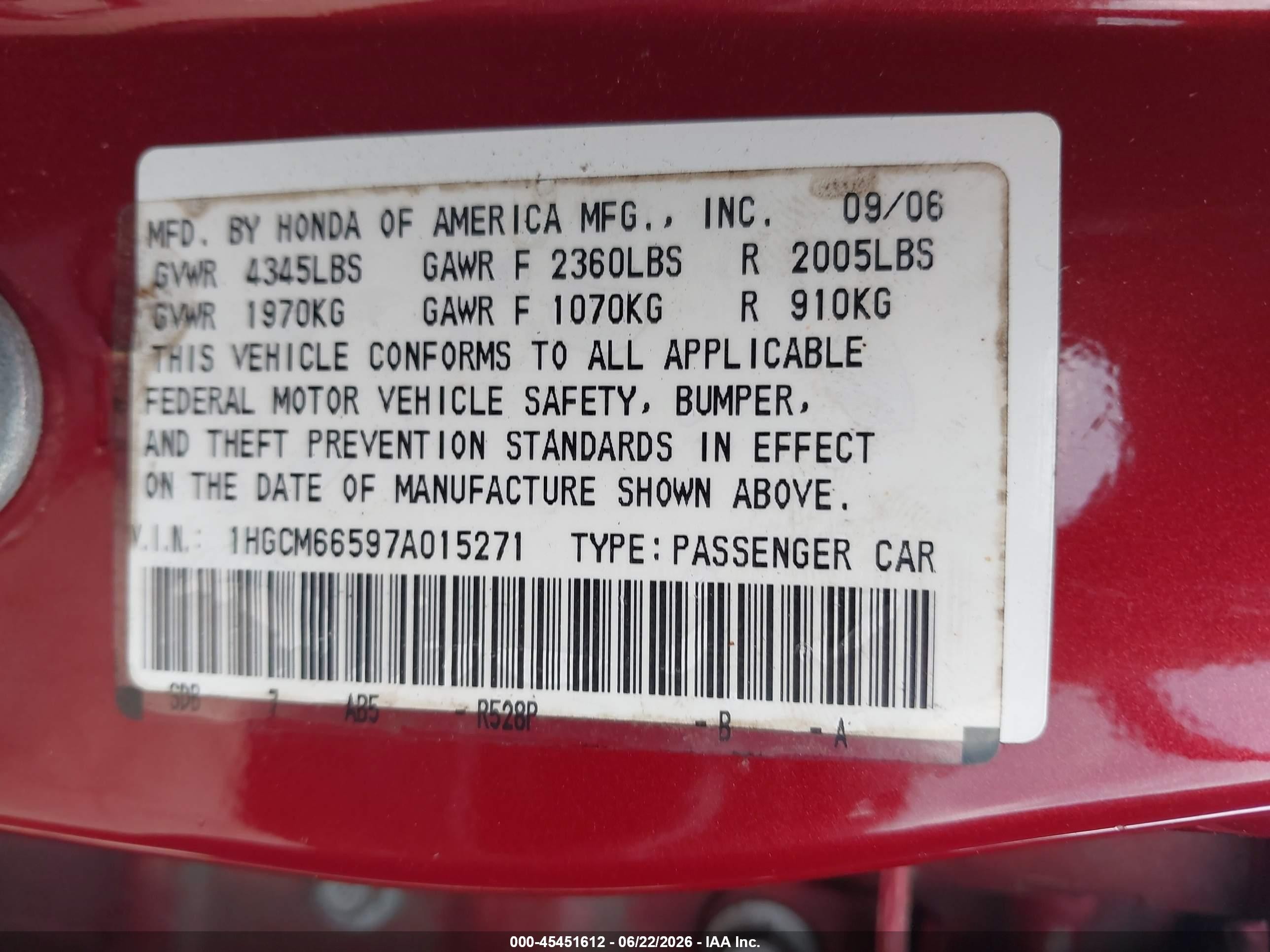 2007 Honda Accord 3.0 Ex Red vin: 1HGCM66597A015271