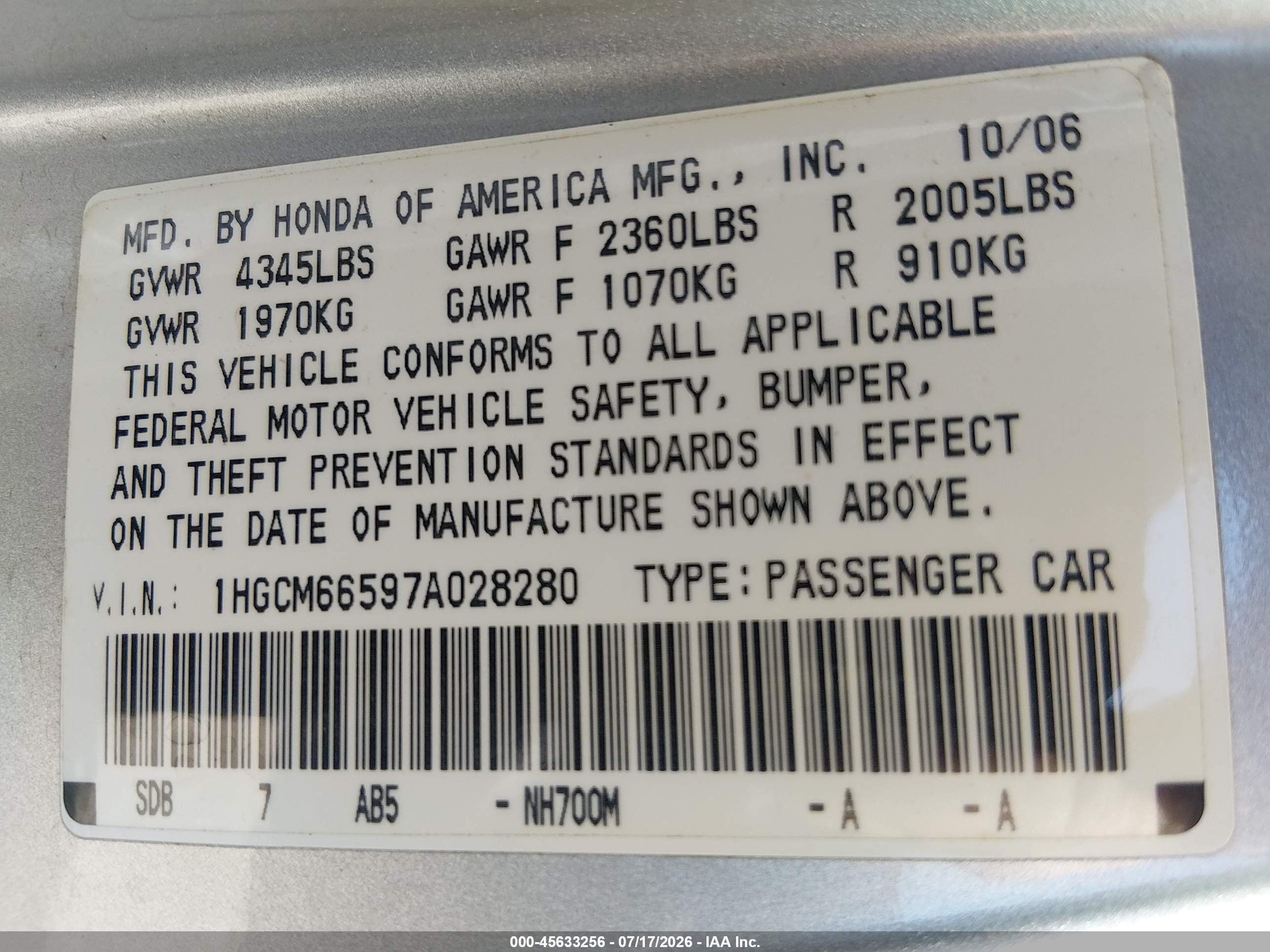 2007 Honda Accord 3.0 Ex Silver vin: 1HGCM66597A028280