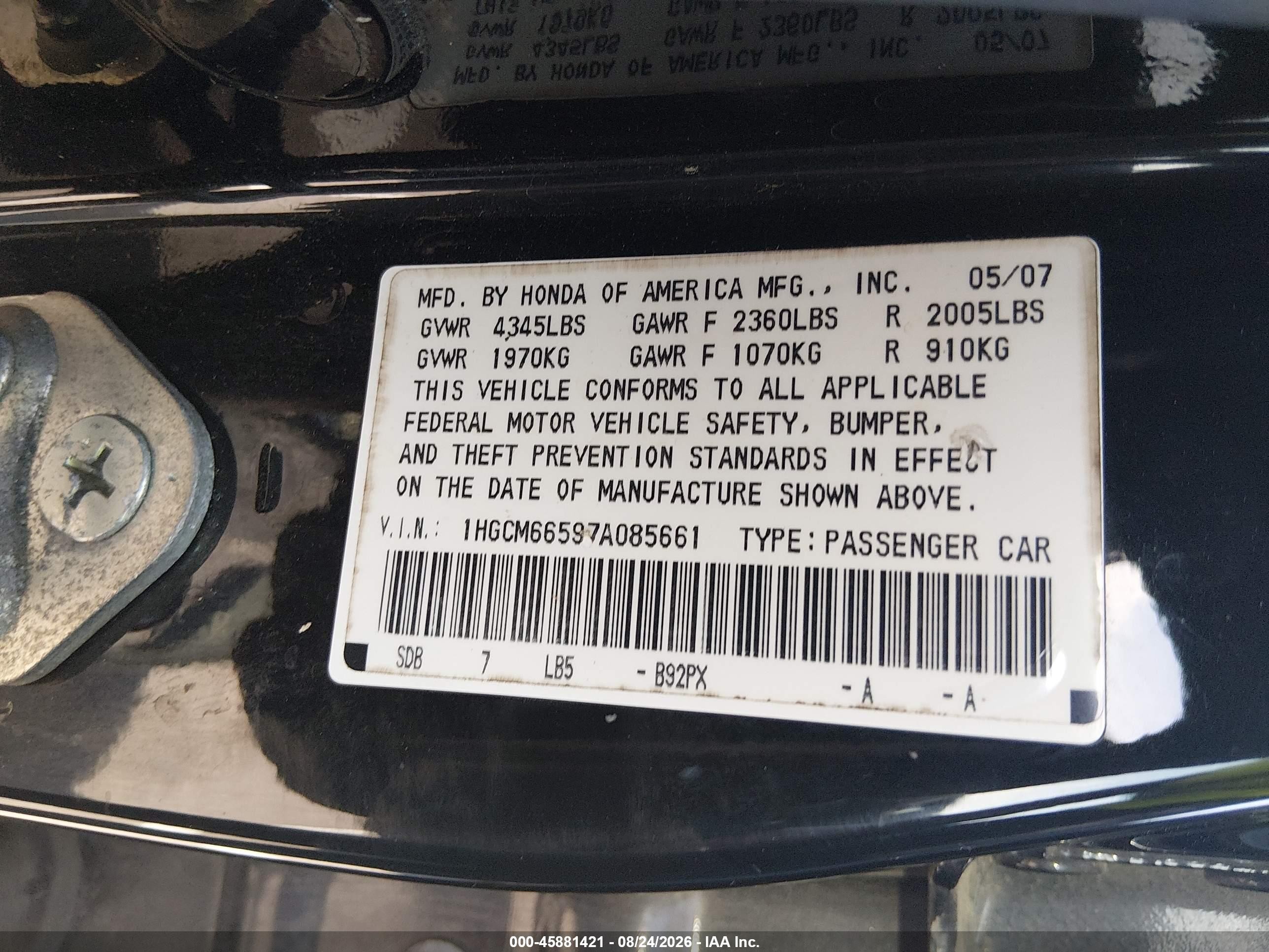 2007 Honda Accord 3.0 Ex Black vin: 1HGCM66597A085661