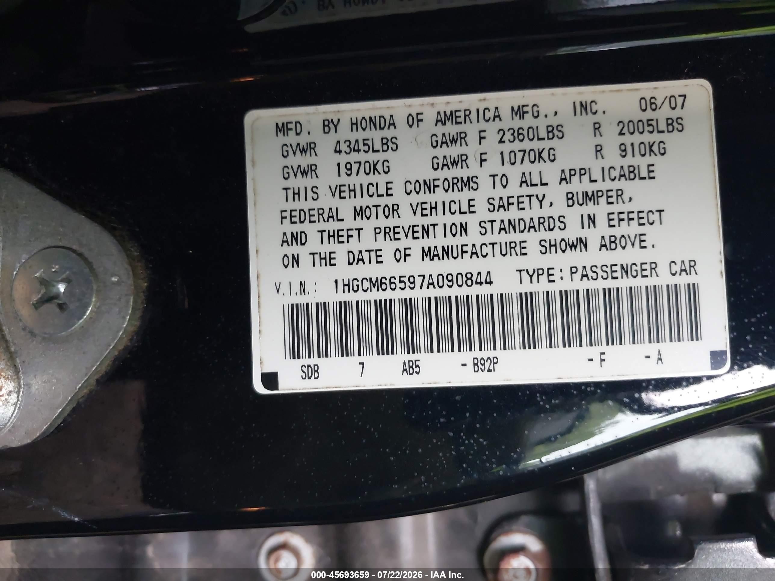 2007 Honda Accord 3.0 Ex Черный vin: 1HGCM66597A090844
