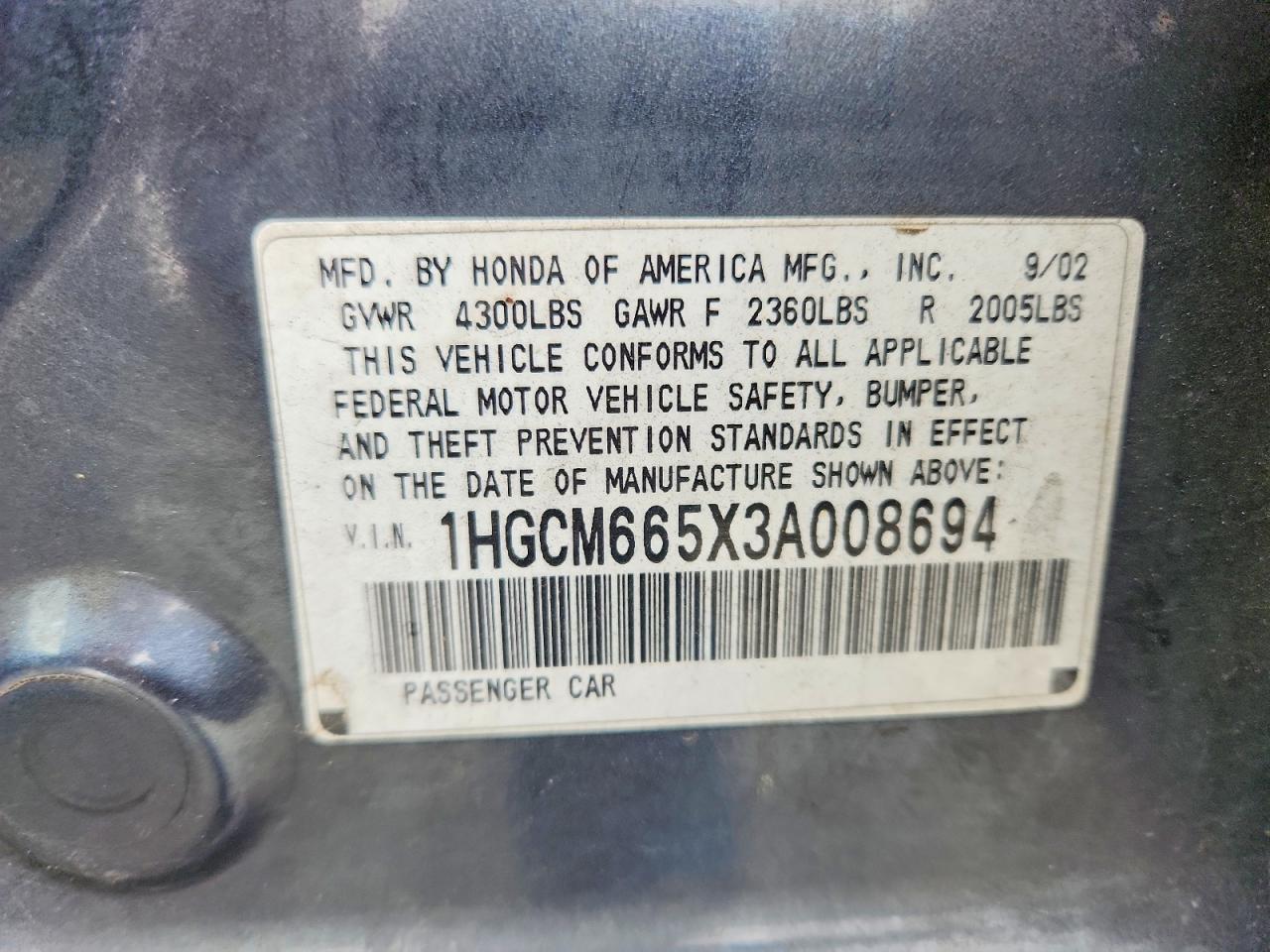 2003 Honda Accord Ex Серый vin: 1HGCM665X3A008694