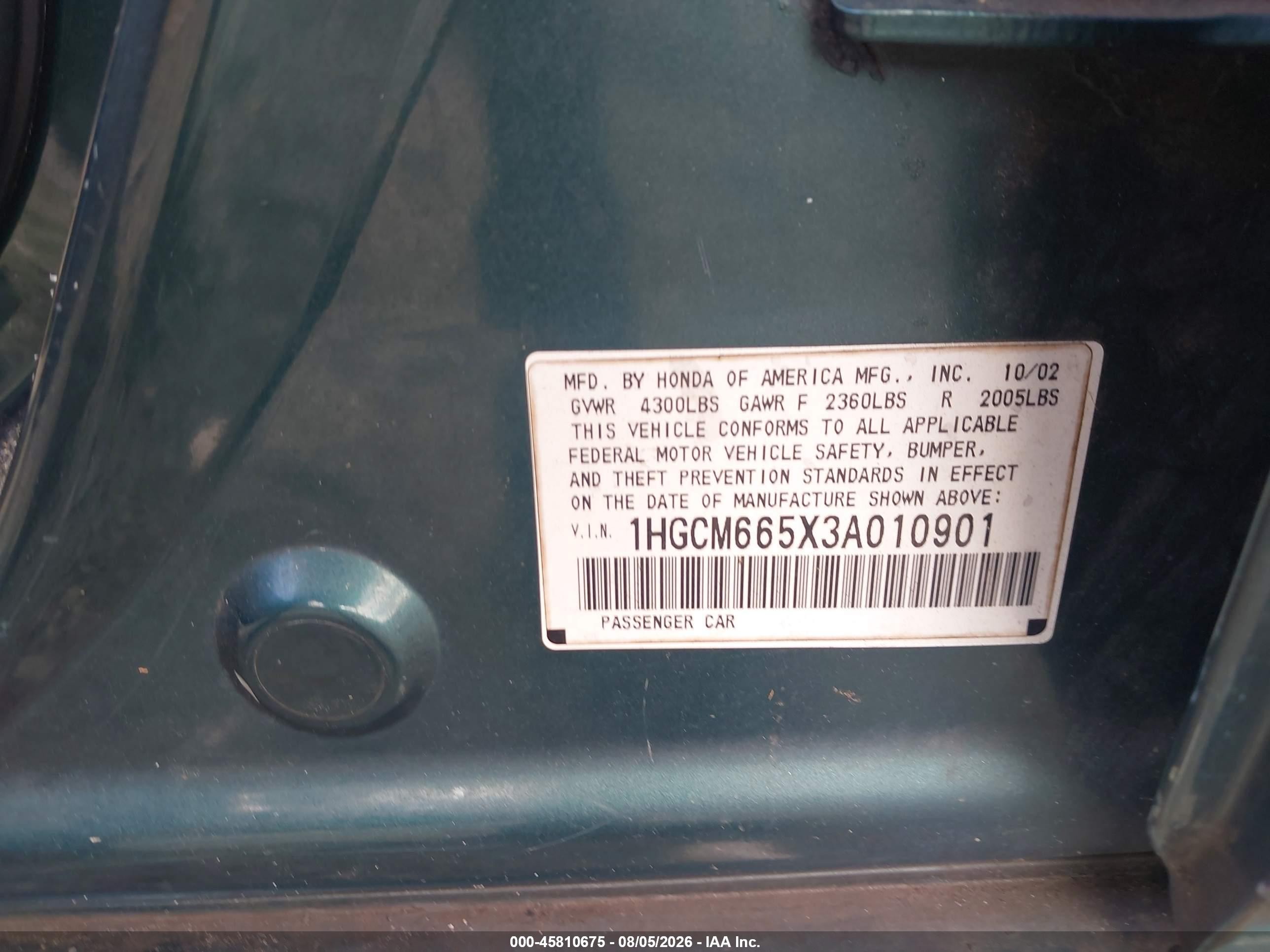 2003 Honda Accord 3.0 Ex Green vin: 1HGCM665X3A010901
