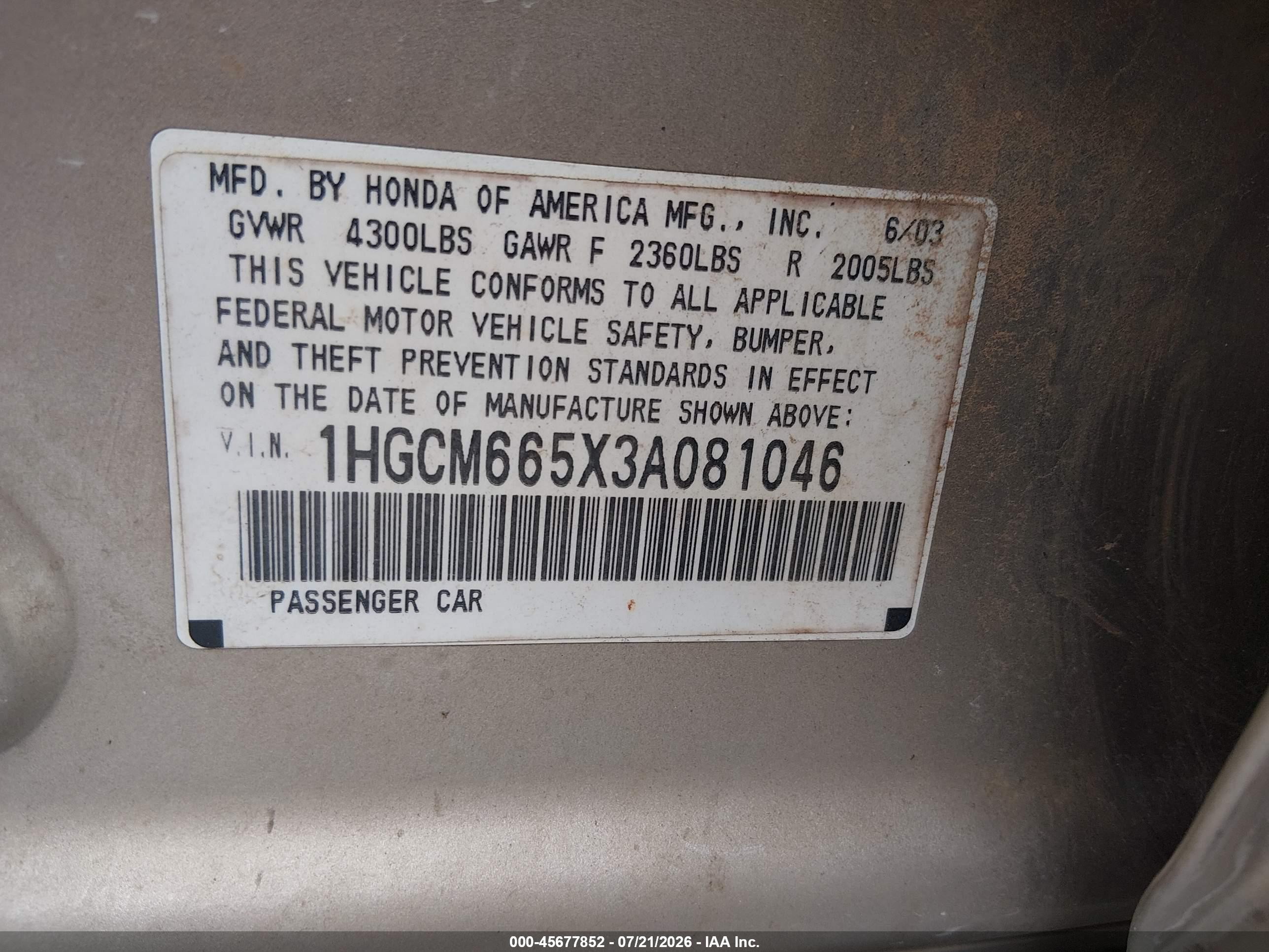2003 Honda Accord 3.0 Ex Желто-коричневый vin: 1HGCM665X3A081046