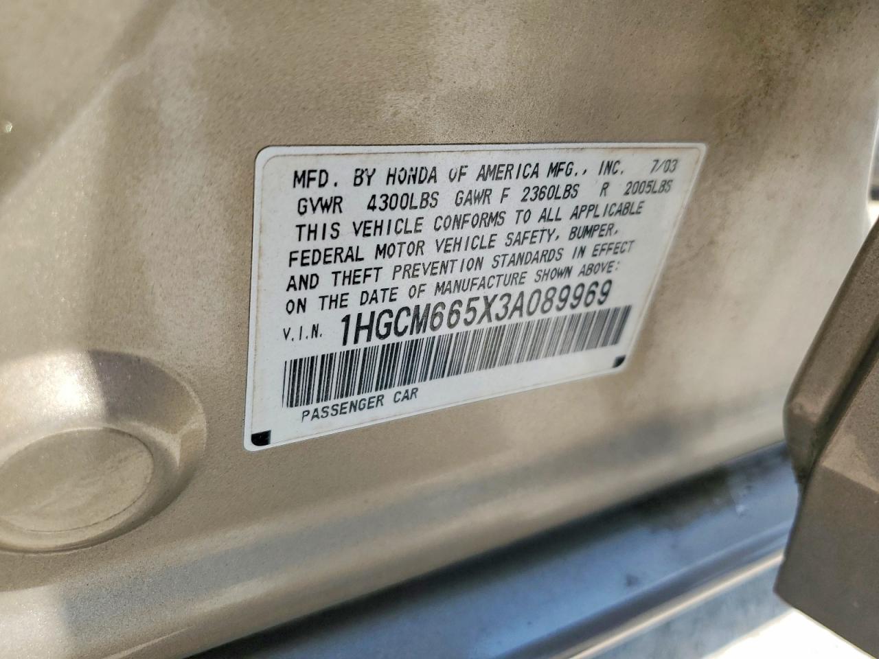 2003 Honda Accord Ex Tan vin: 1HGCM665X3A089969