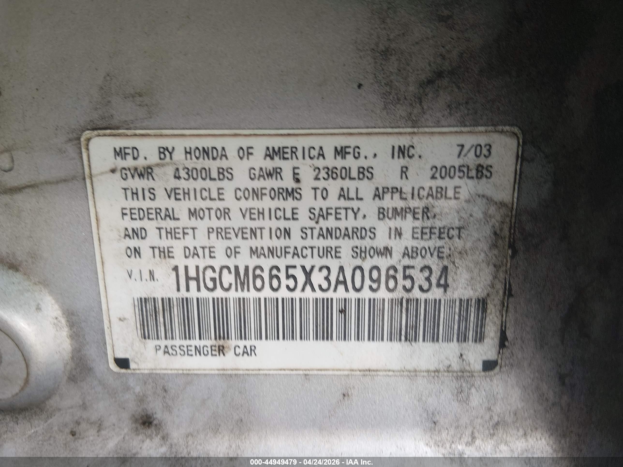 2003 Honda Accord 3.0 Ex Серебряный vin: 1HGCM665X3A096534