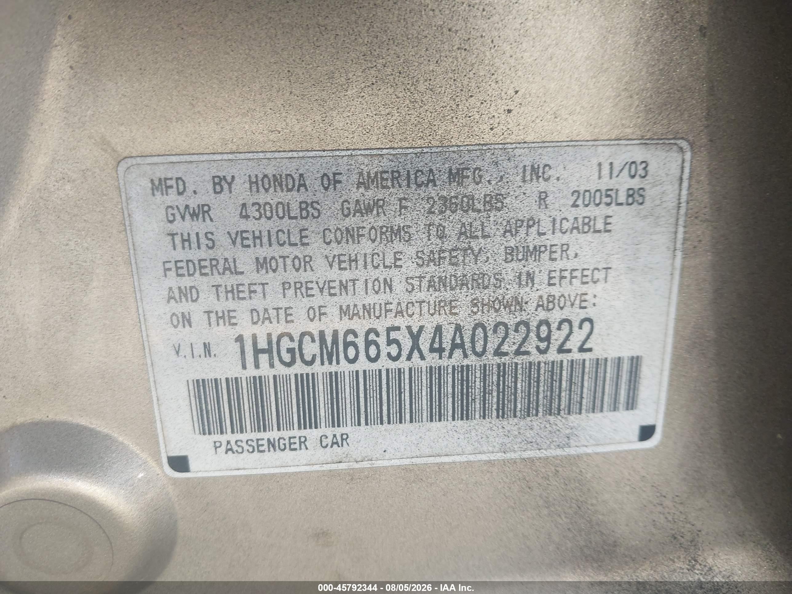 2004 Honda Accord 3.0 Ex Бежевый vin: 1HGCM665X4A022922
